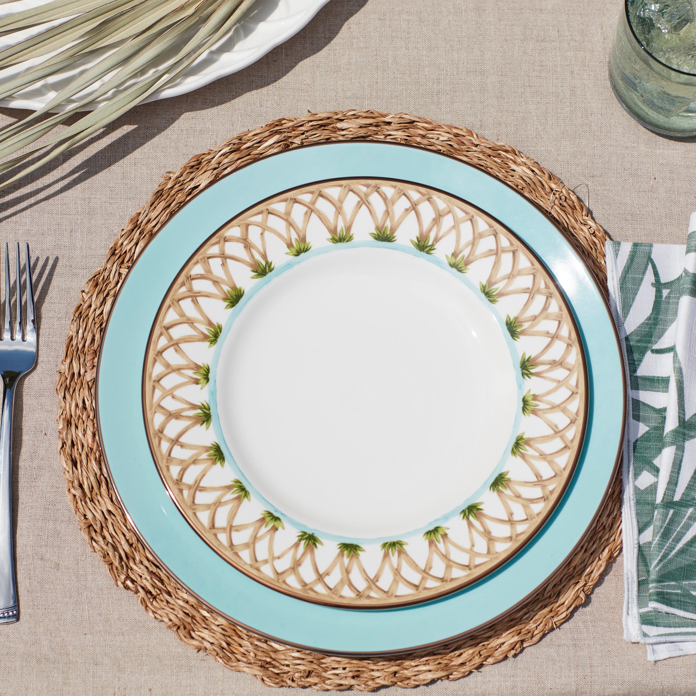 British Colonial Bamboo Porcelain Accent Plate with Gold Trim