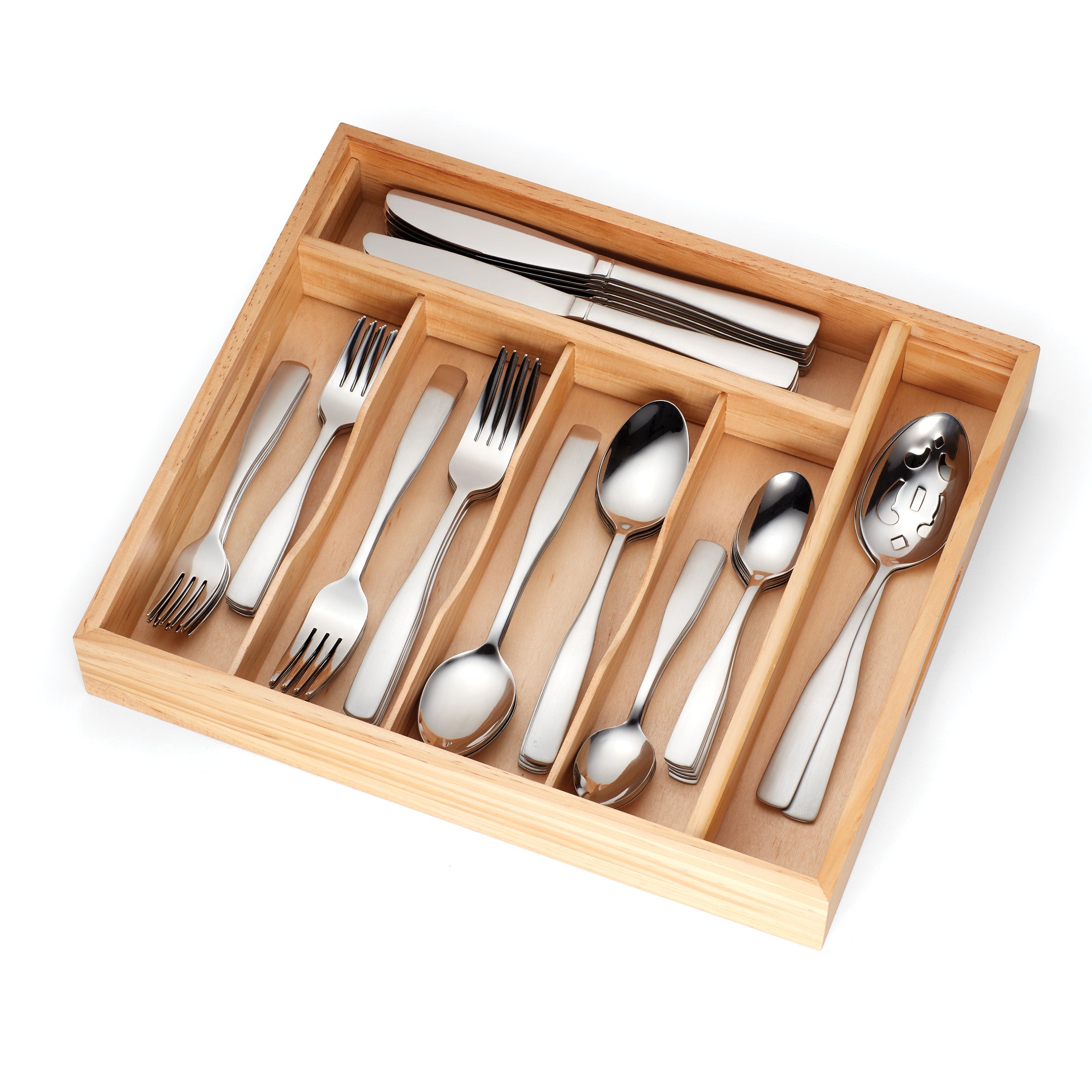 Madison 62-Piece Flatware Set with Wood Tray - Satin Finish