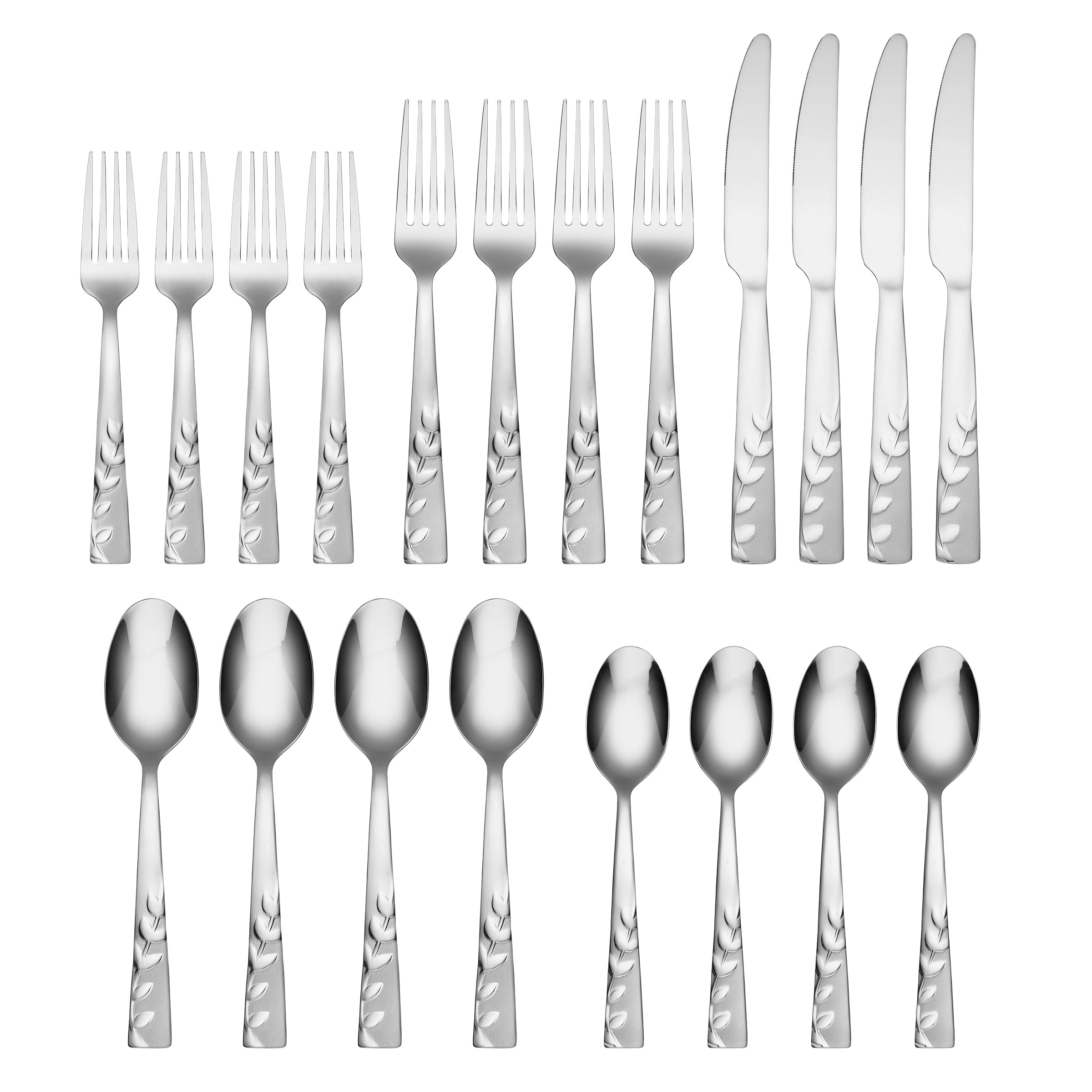 Floral Motif Flatware Set - 20-Piece Service for 4 with Frosted Finish