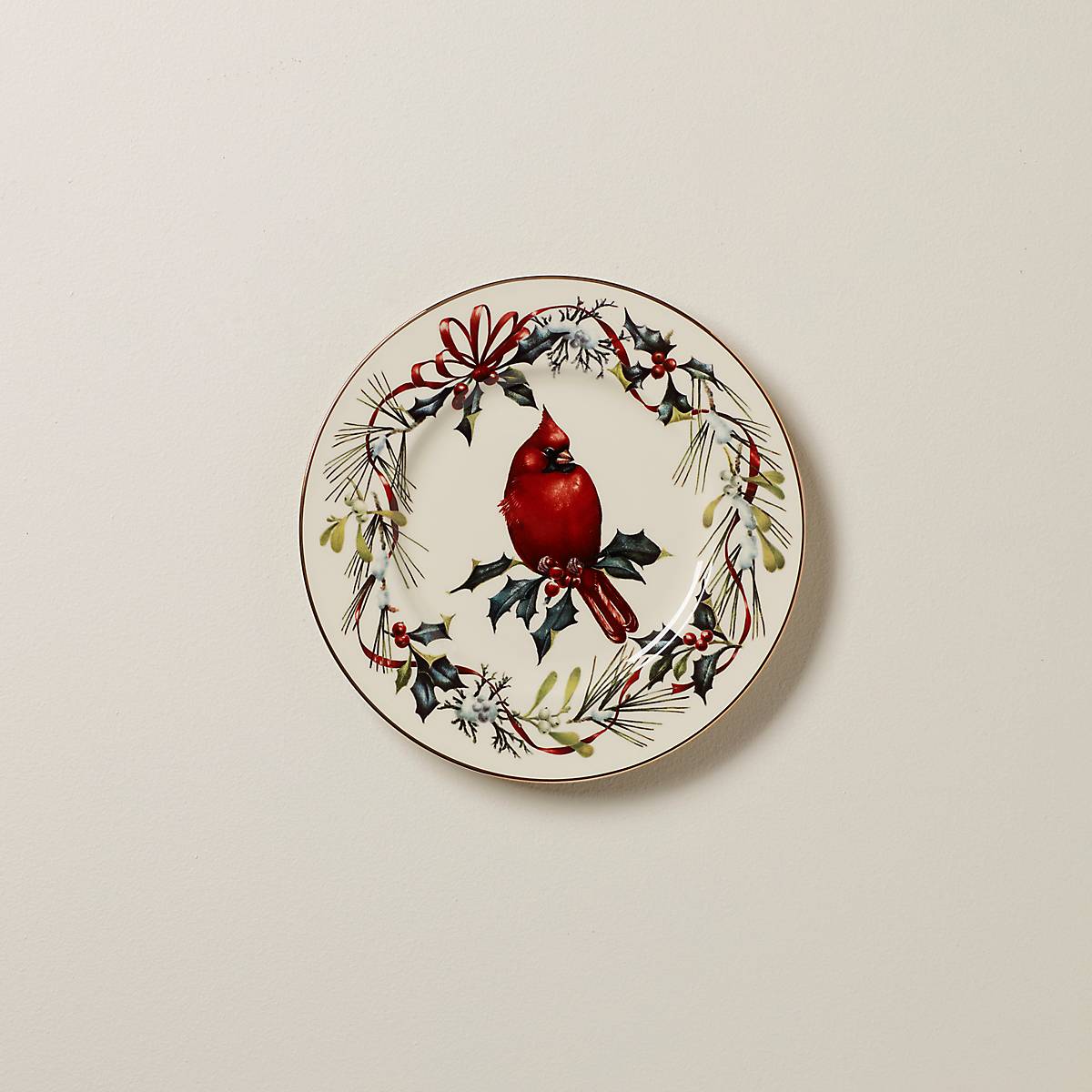 Porcelain Holiday Accent Plate with 24k Gold & Cardinal Design