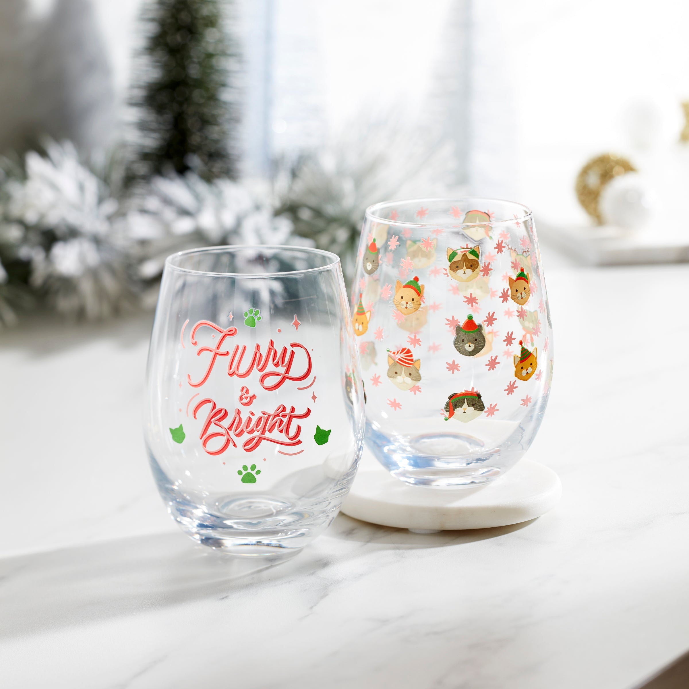 Cat Lover Wine Glasses - Cambridge Stemless Set of 2 for Holidays