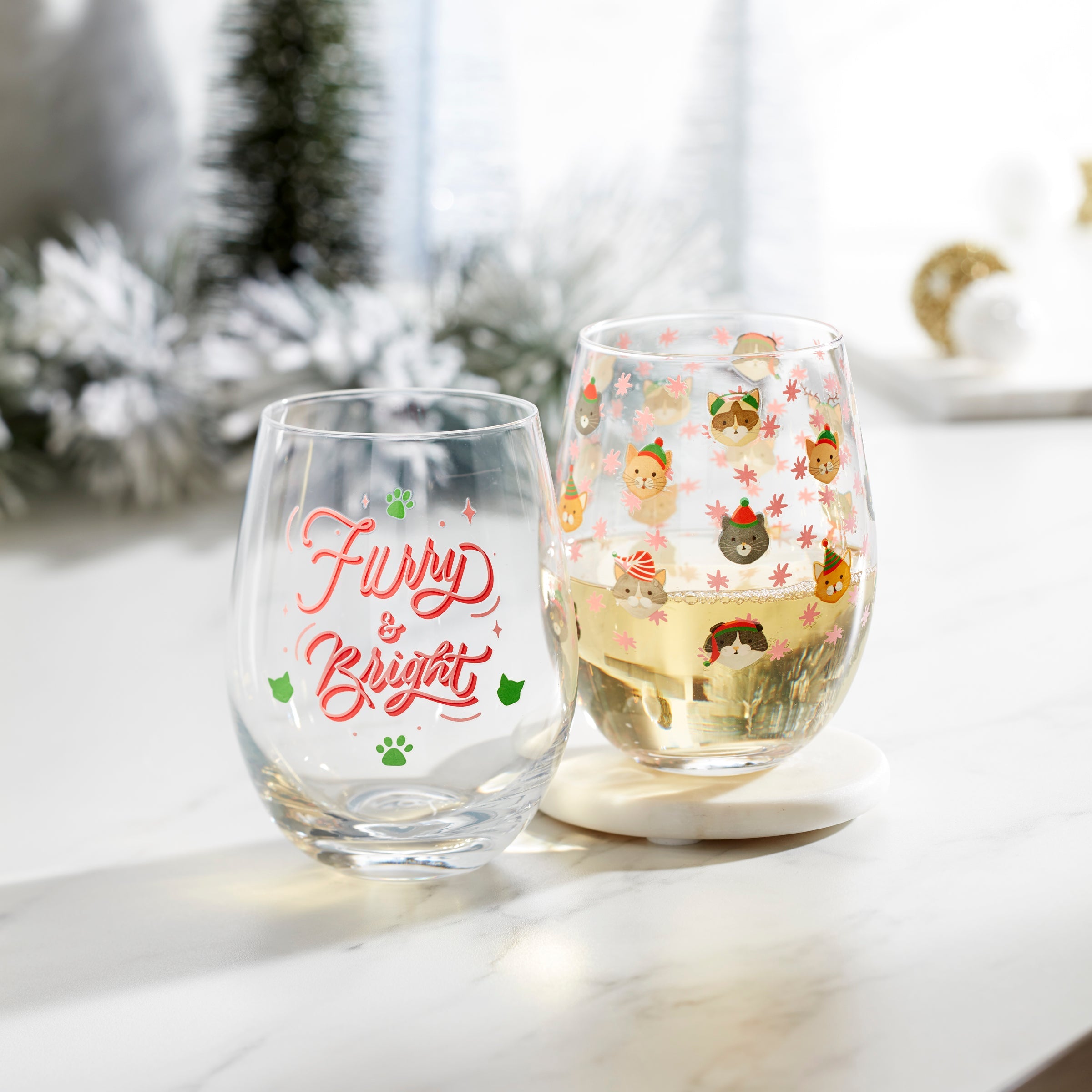 Cat Lover Wine Glasses - Cambridge Stemless Set of 2 for Holidays