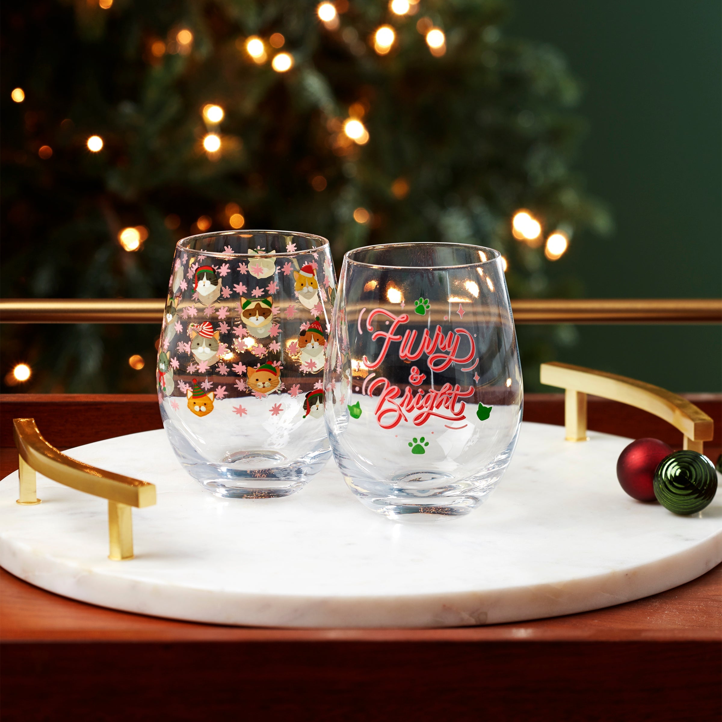 Cat Lover Wine Glasses - Cambridge Stemless Set of 2 for Holidays