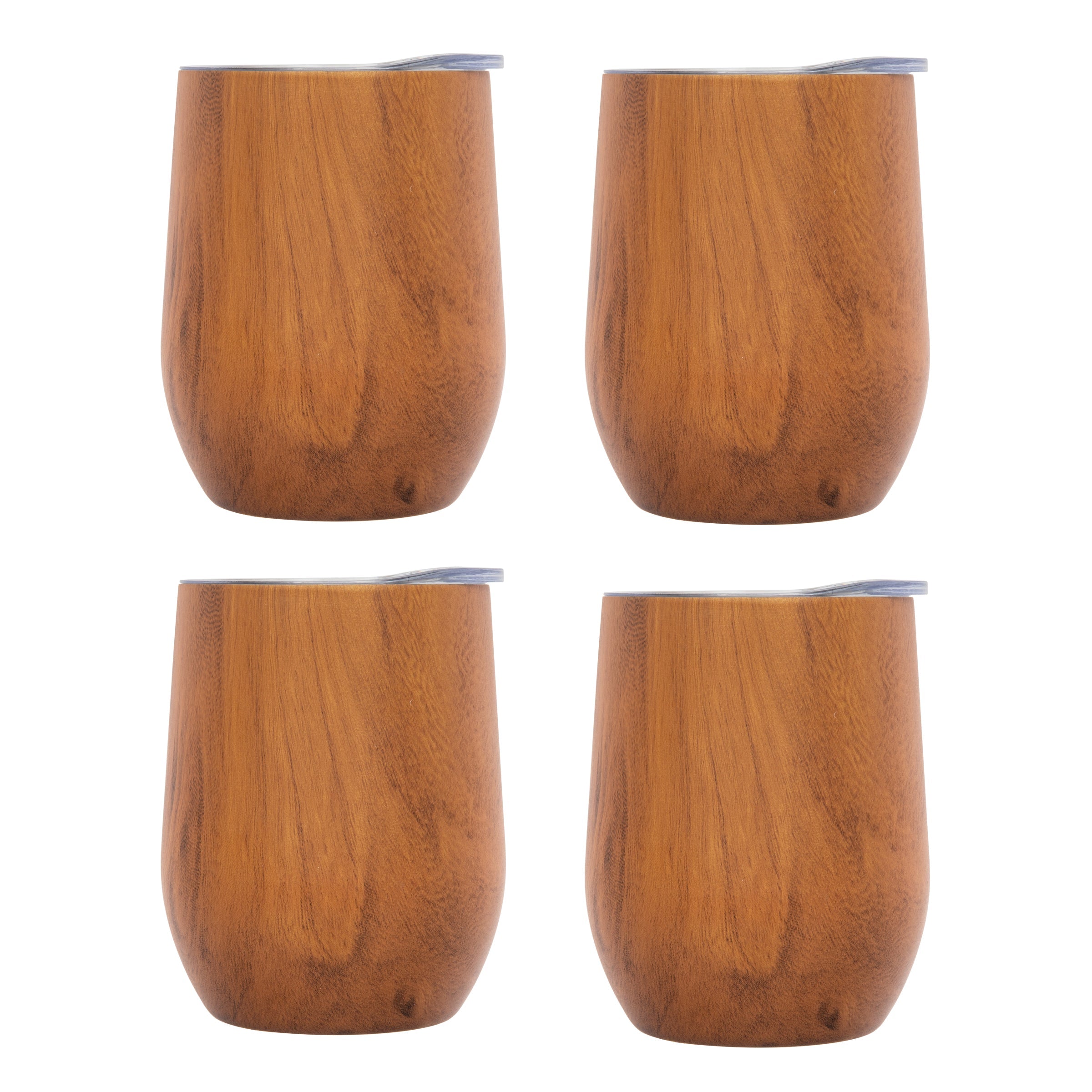 Woodgrain Wine Tumblers Set of 4 - Insulated Stainless Steel with Lids