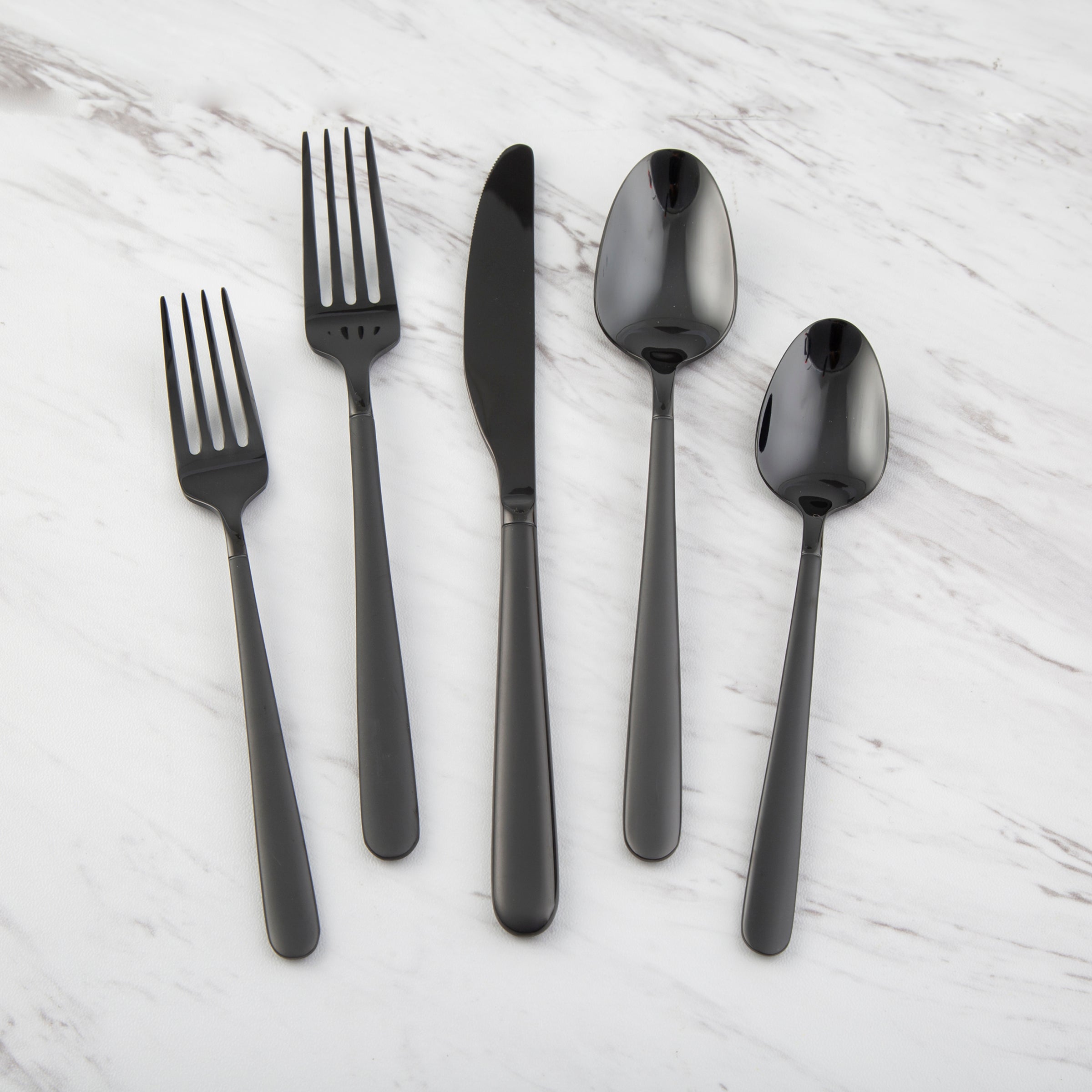 Quinn 20-Piece Black Mirror Flatware Set with Sandblasted Handles