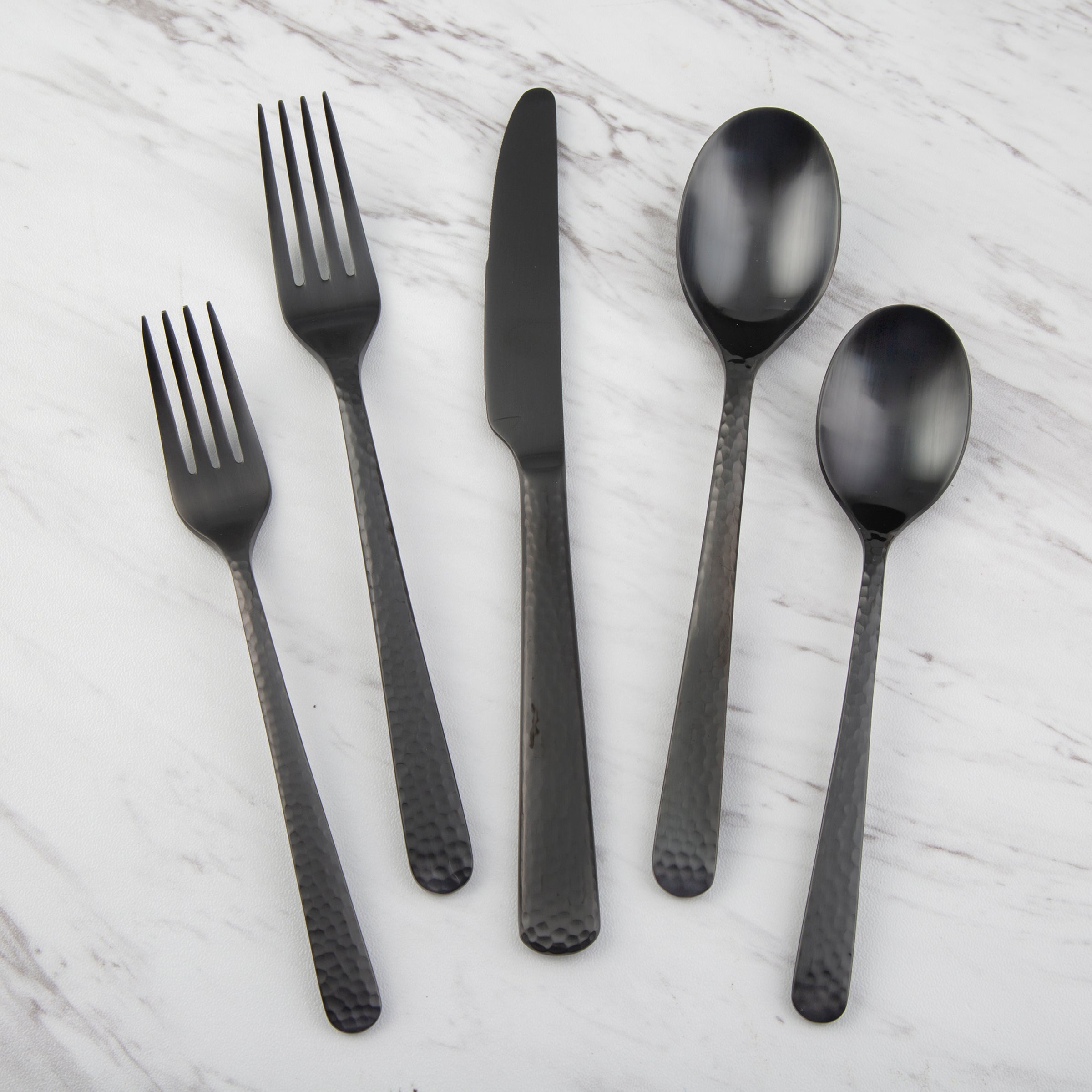 Cecil 20-Piece Black Satin Flatware Set - Modern Hammered Design