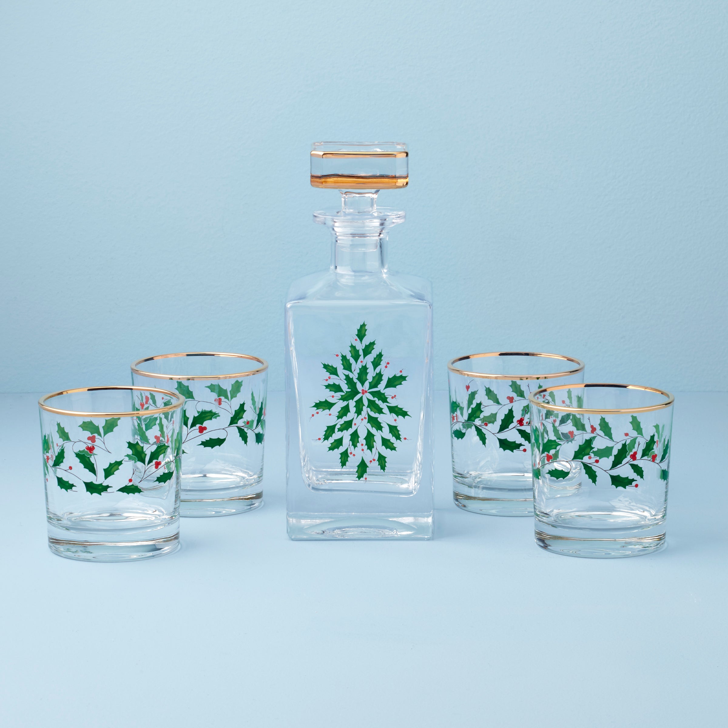 24k Gold Holiday Decanter & Whiskey Glass Set - 5pc