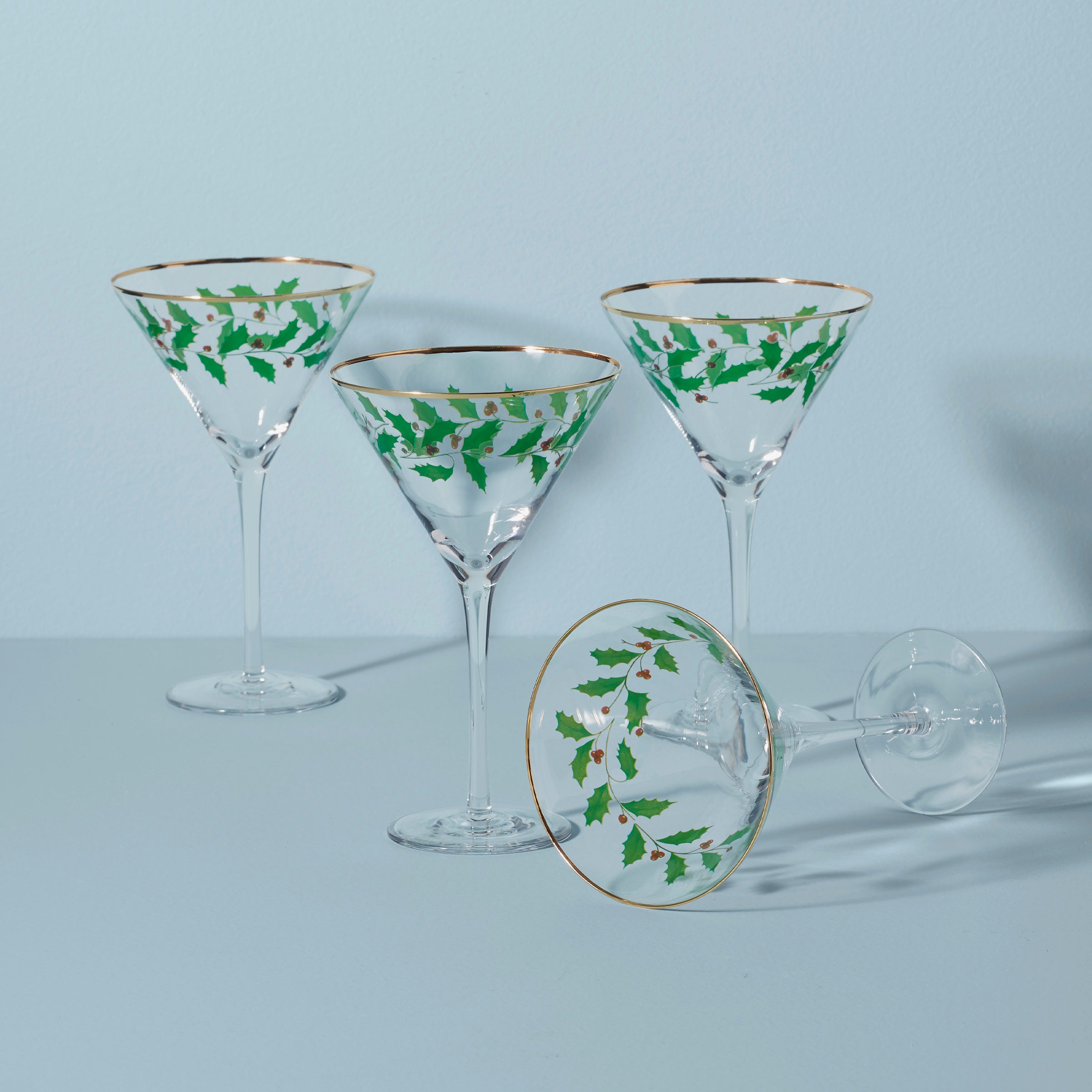 Holiday Martini Glasses Set of 4 with Holly Berry Design