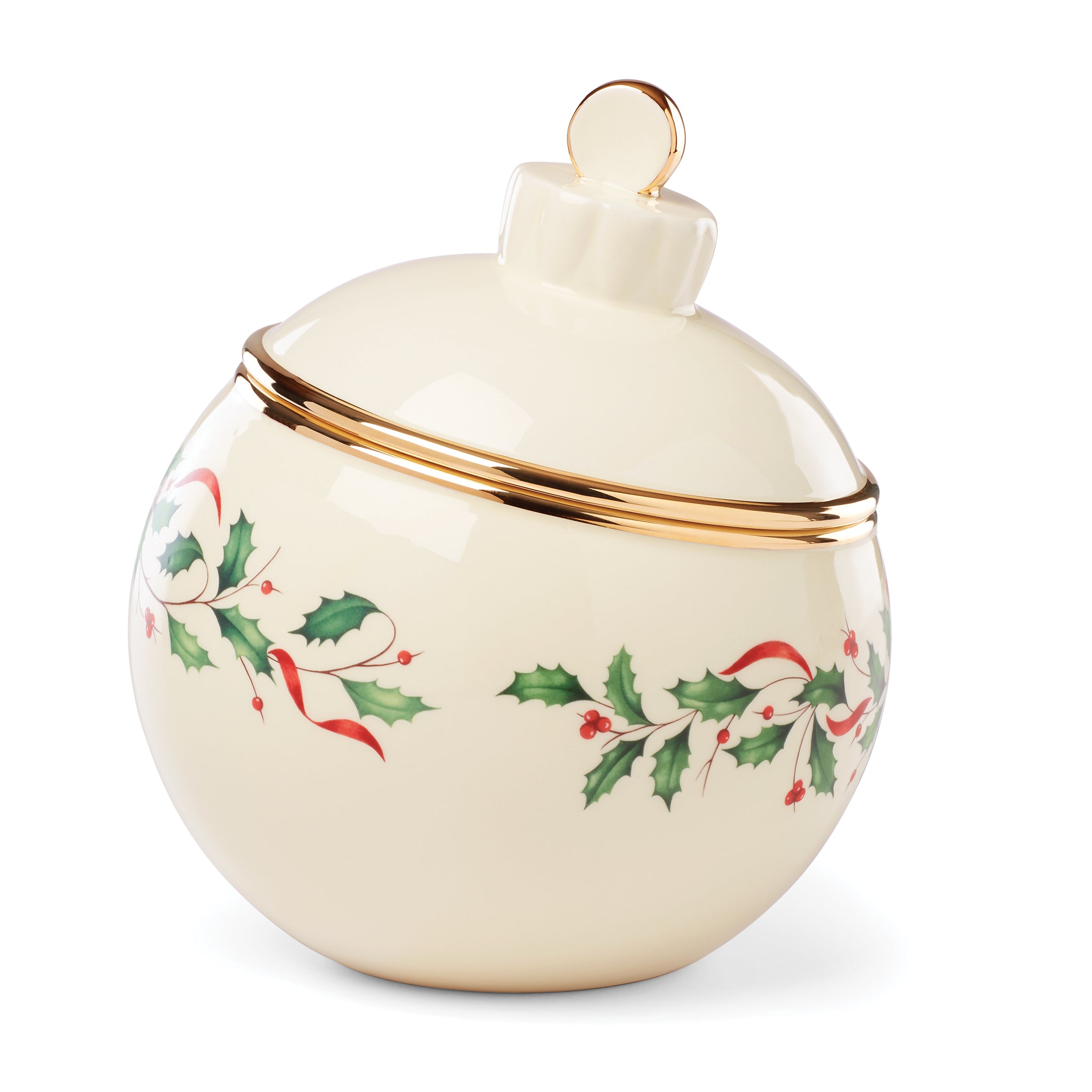 Festive Holly & Berry Porcelain Christmas Cookie Jar with 24k Gold Accents