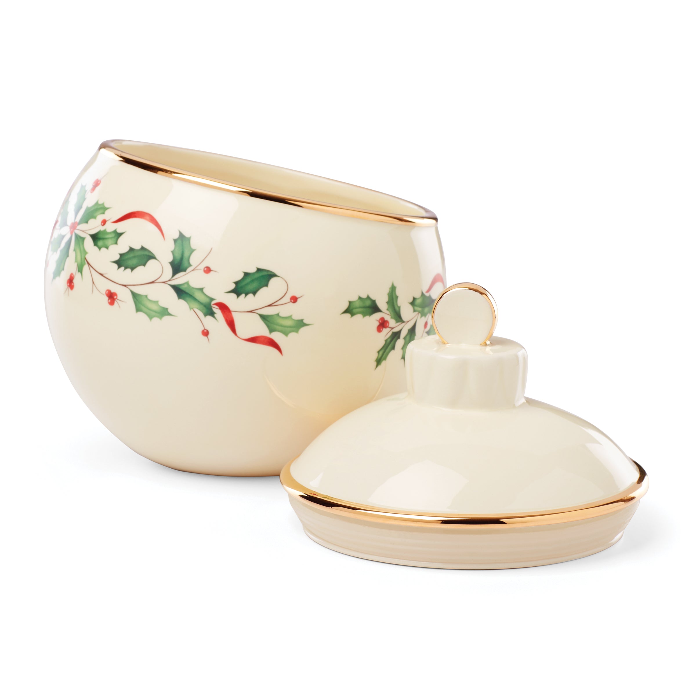 Festive Holly & Berry Porcelain Christmas Cookie Jar with 24k Gold Accents
