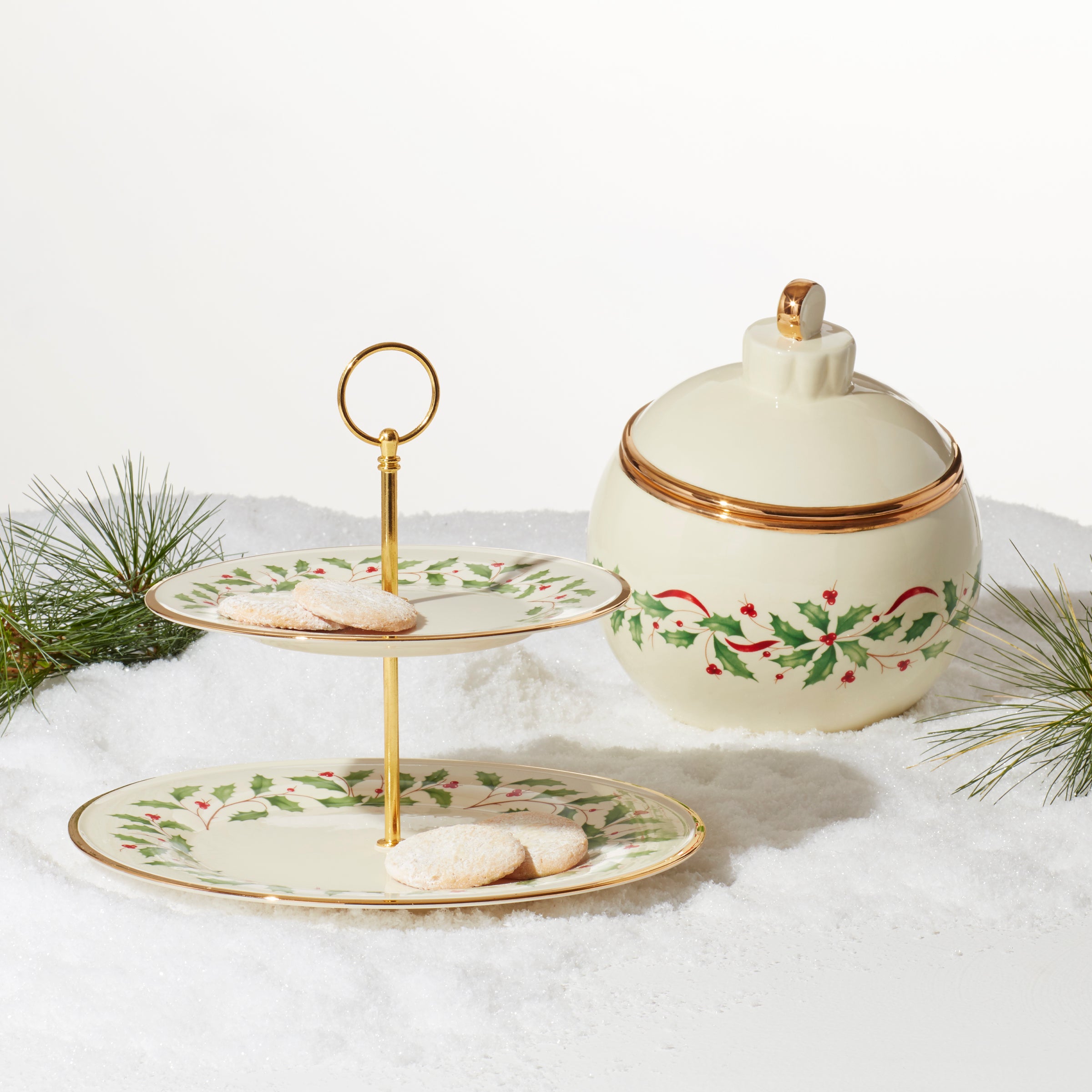 Festive Holly & Berry Porcelain Christmas Cookie Jar with 24k Gold Accents