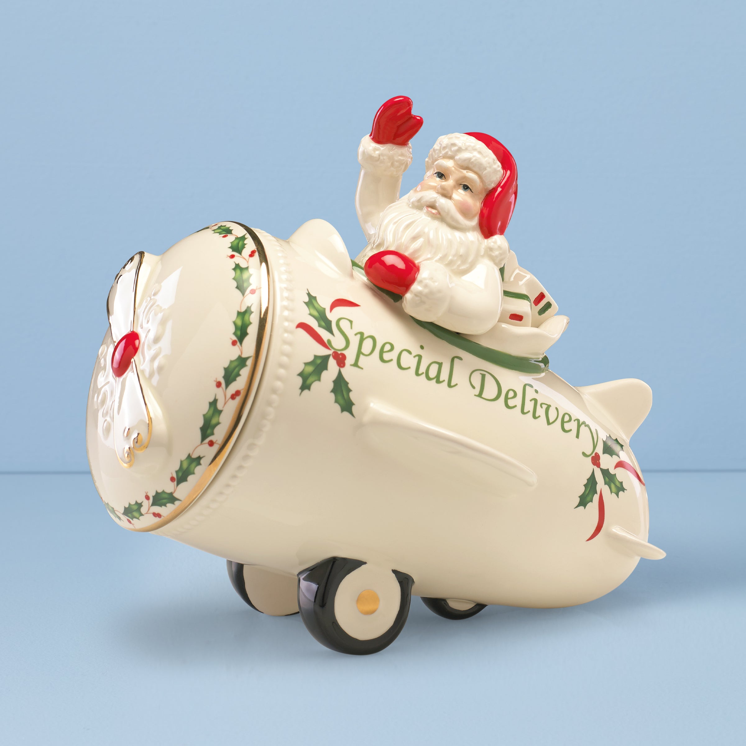 Santa Airplane Cookie Jar - Porcelain with 24K Gold Accents