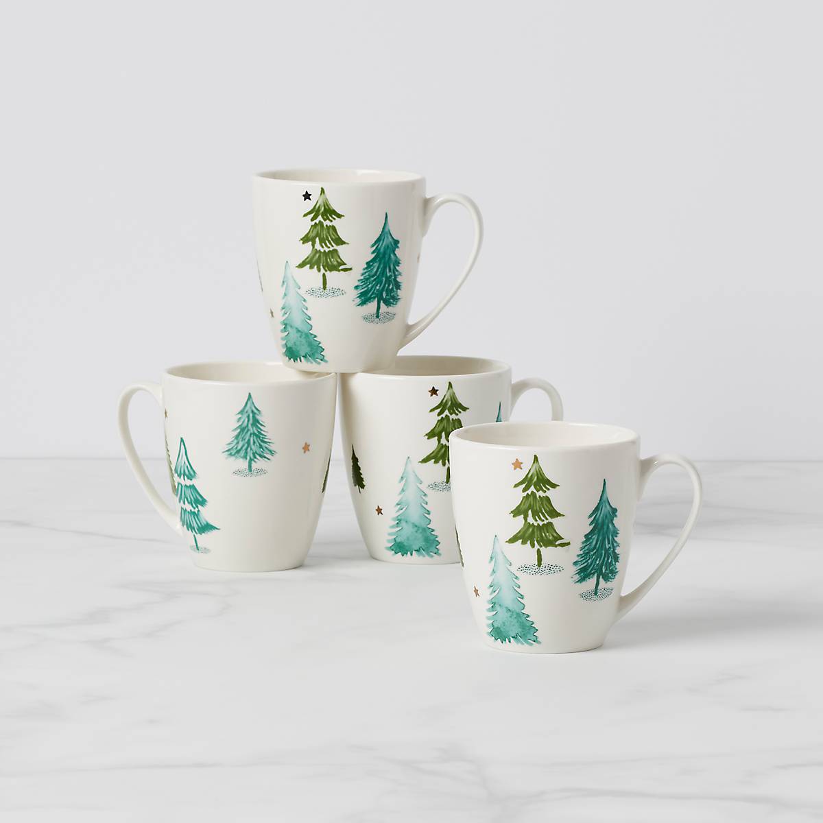 Balsam Lane Ceramic Mugs Set of 4 with Pine Trees & Stars