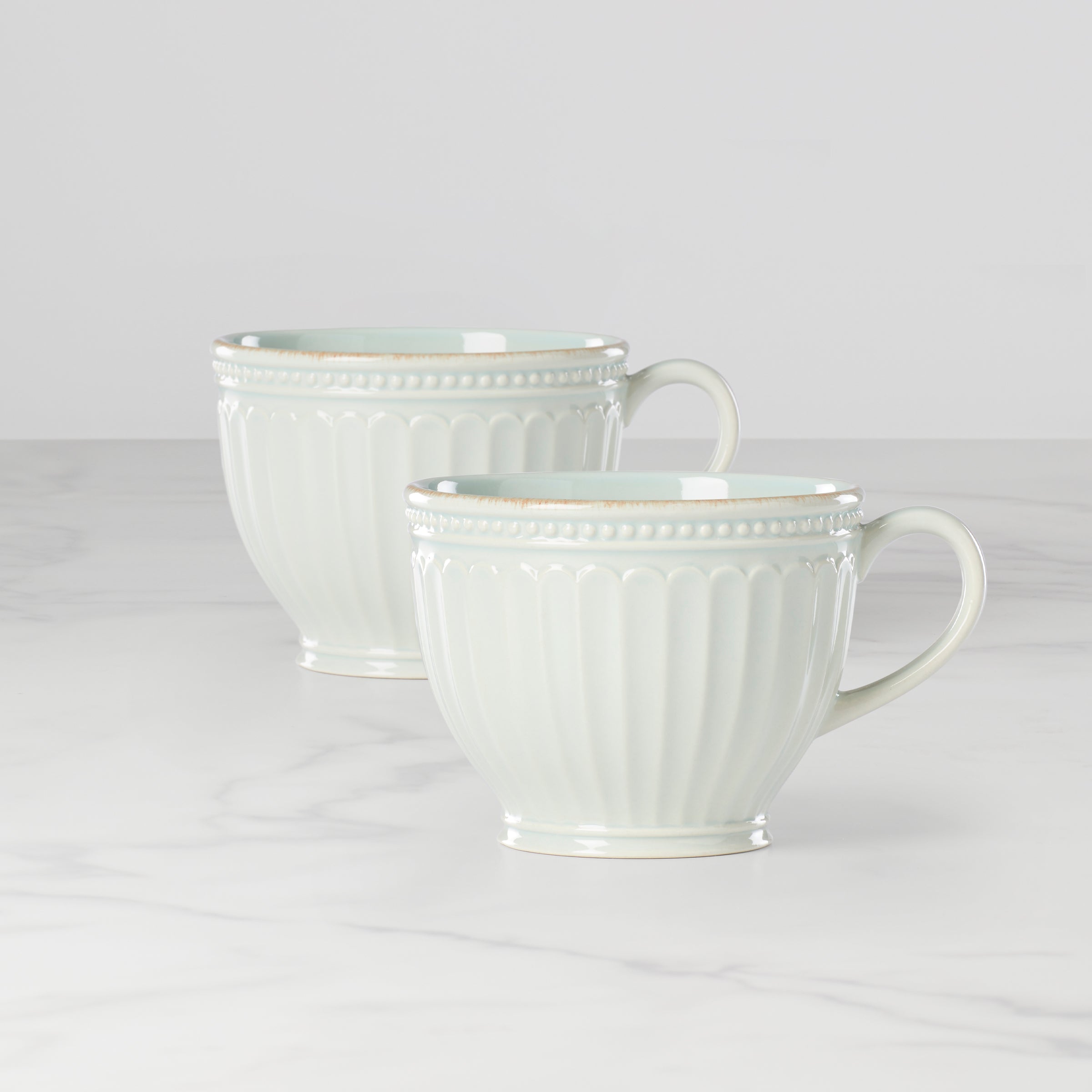 French Perle Groove Blue Latte Mug Set - 2 Stoneware Mugs
