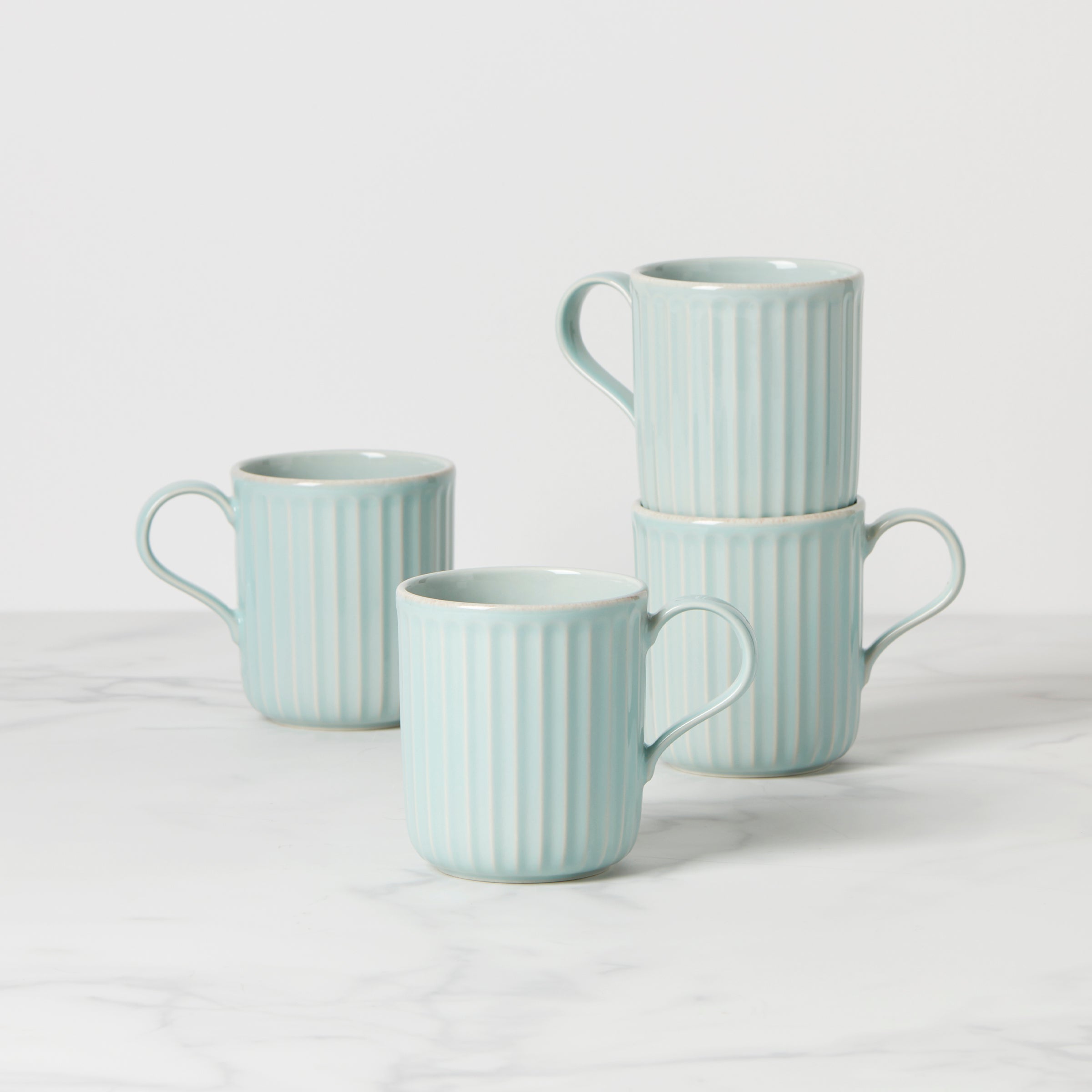 French Pearl Scallop Tea Mugs - Set of 4 Ice Blue Ceramic