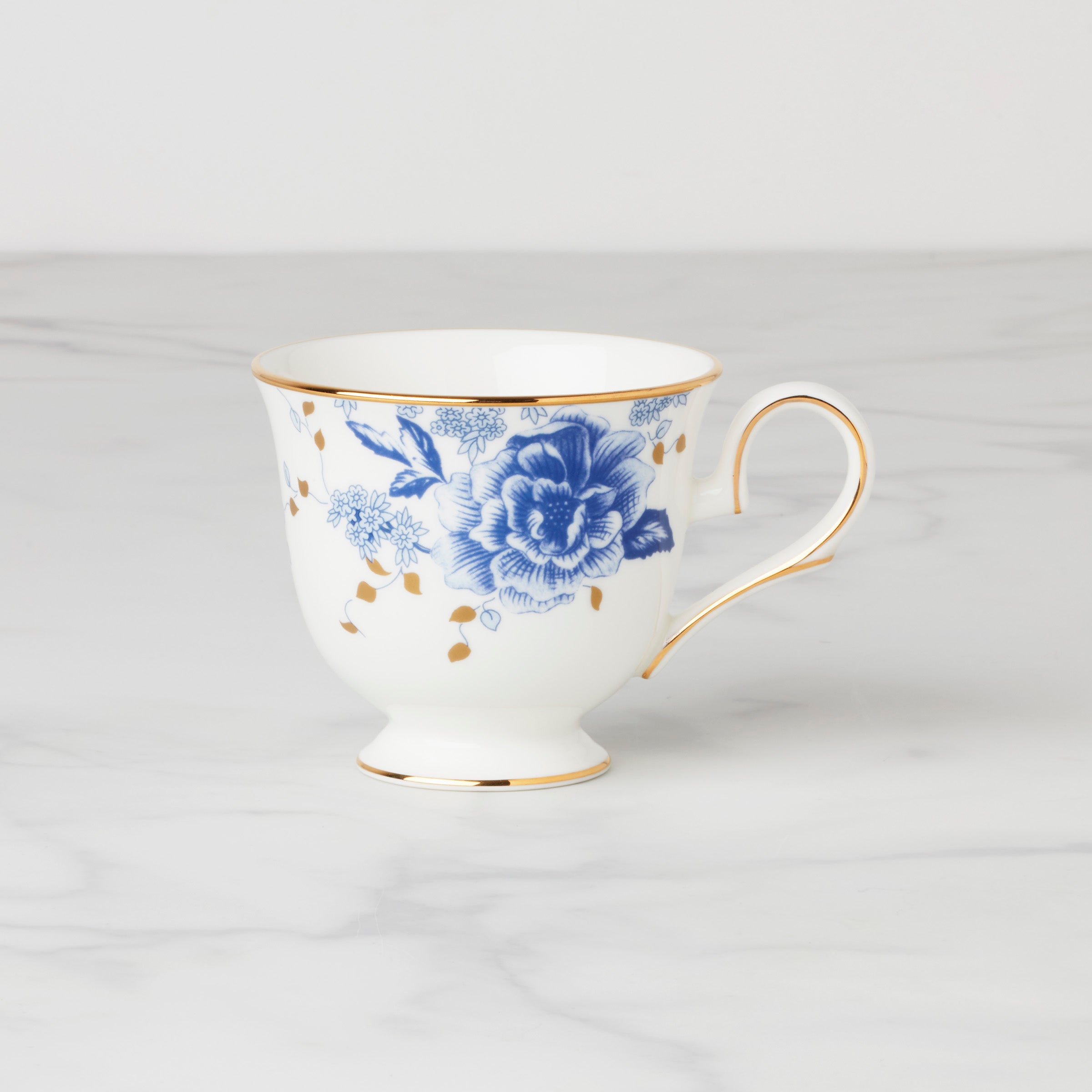 Garden Grove Blue Floral Bone China Teacup with Gold Trim