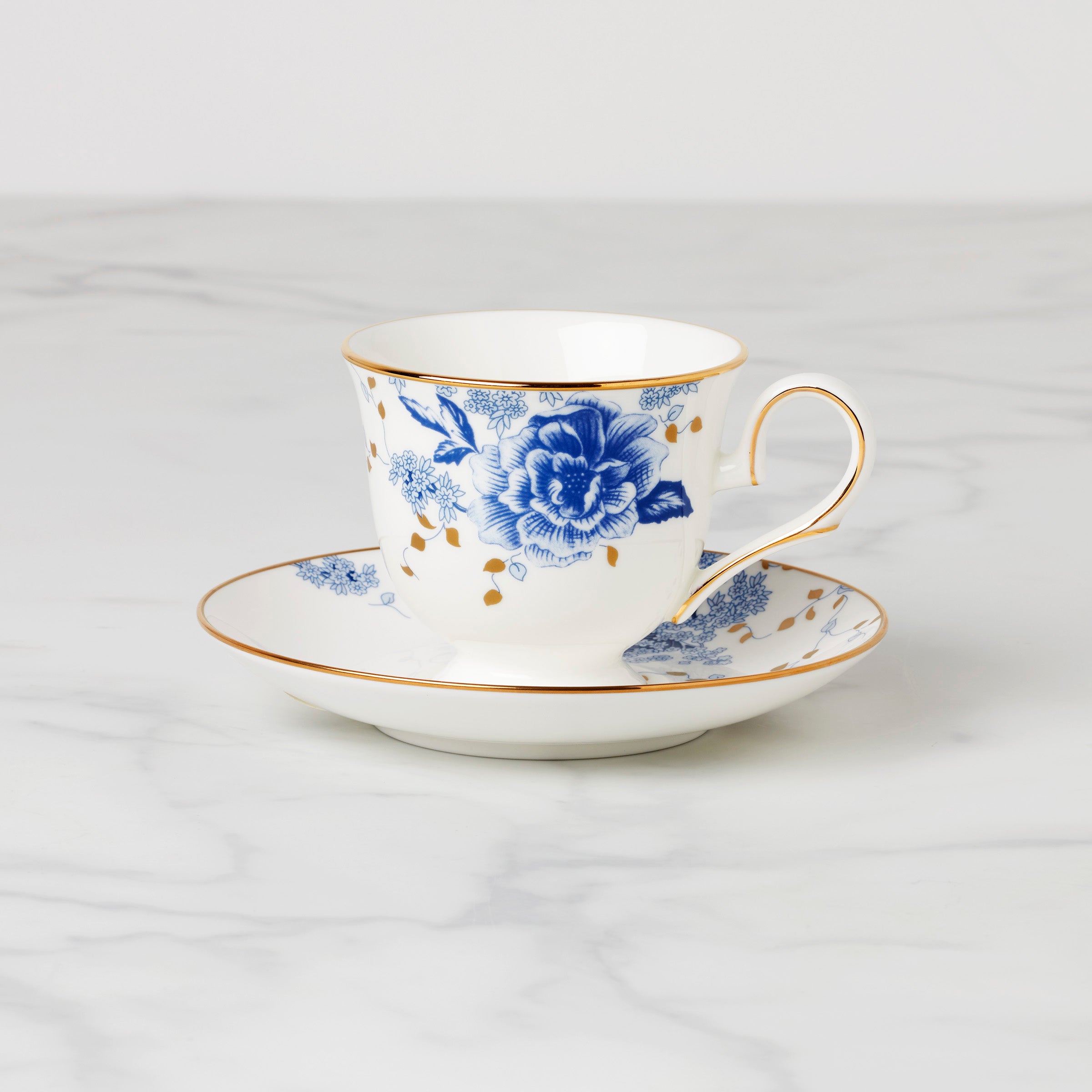 Garden Grove Blue Floral Bone China Teacup with Gold Trim