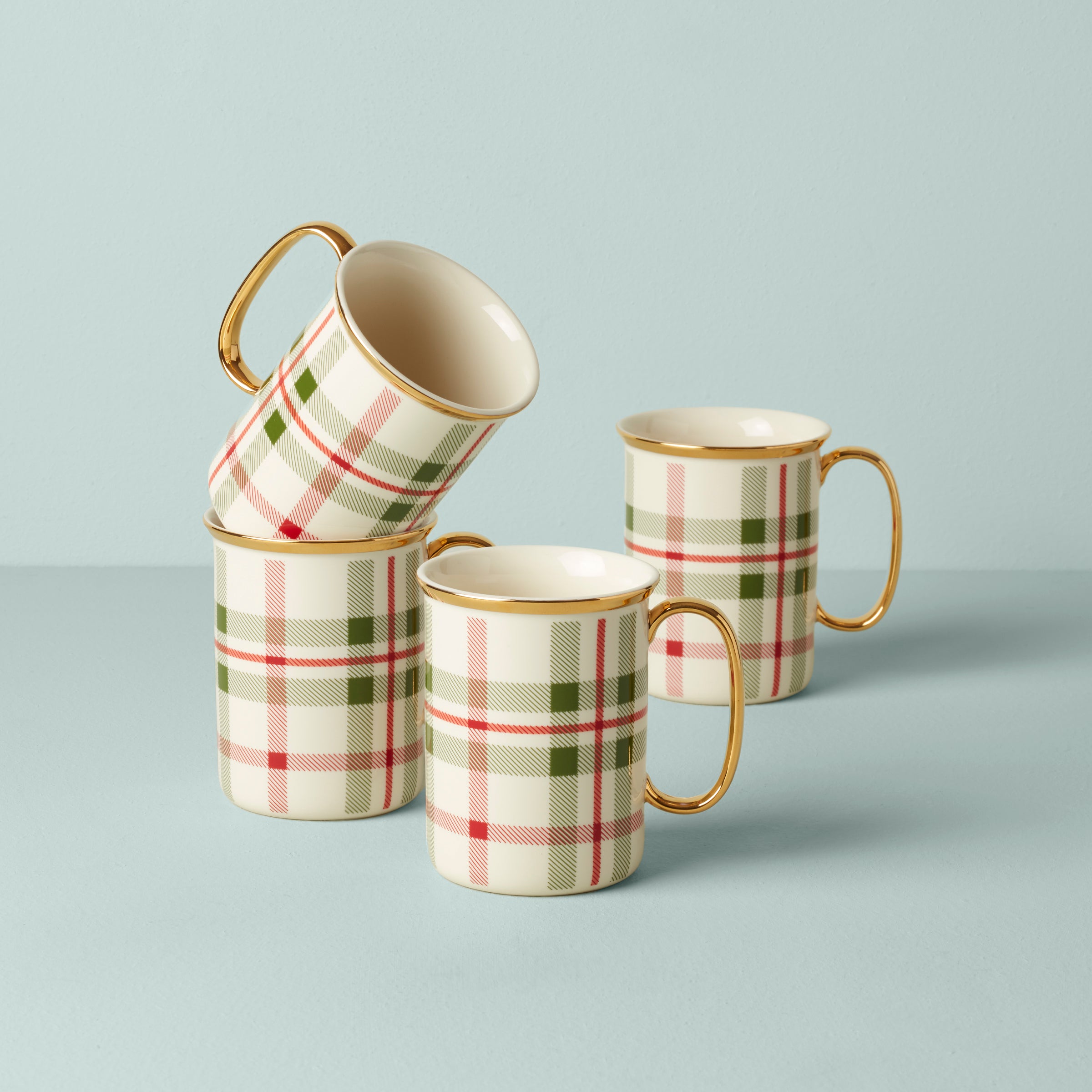 Festive Plaid Coffee Mugs Set of 4 with Gold Holly Detail