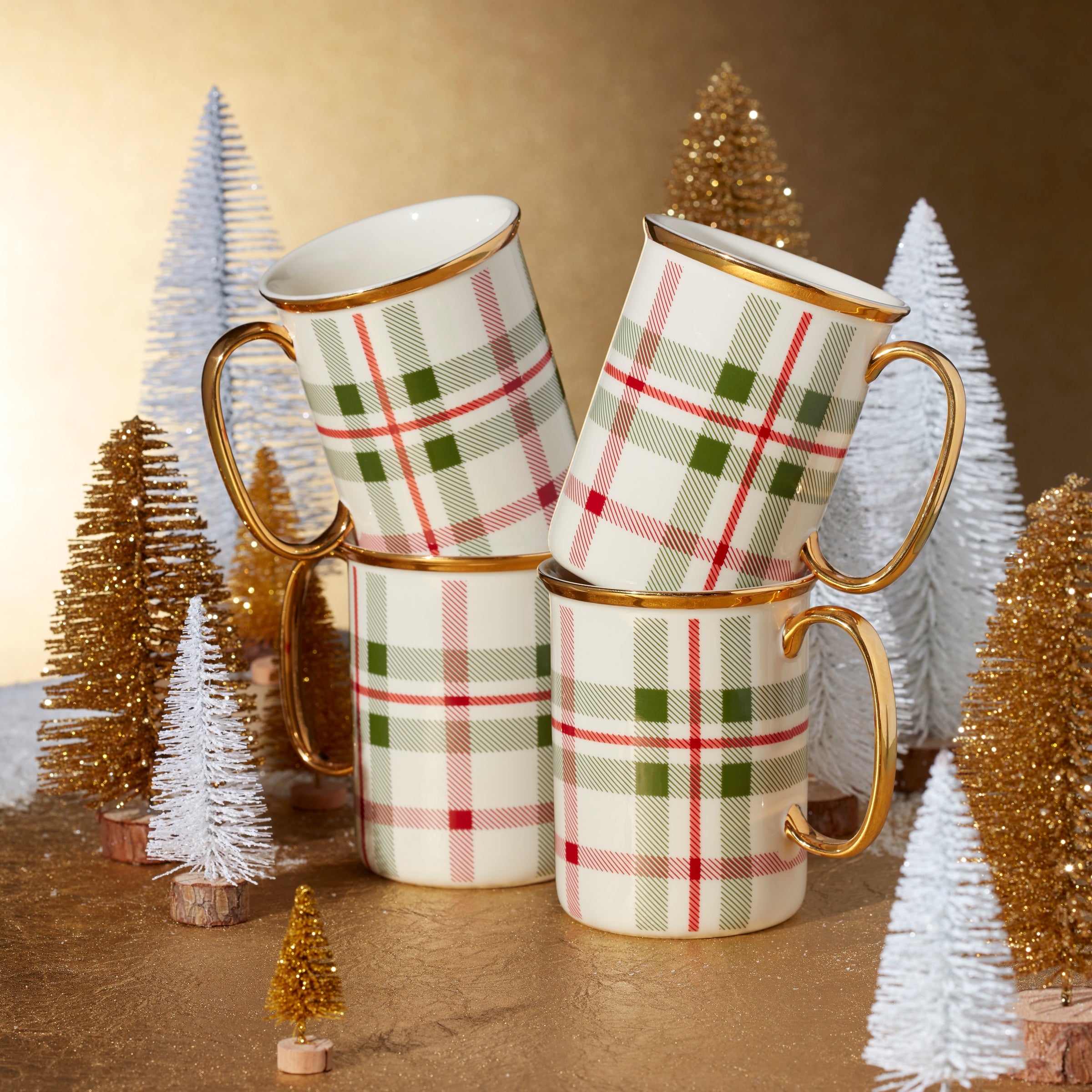 Festive Plaid Coffee Mugs Set of 4 with Gold Holly Detail