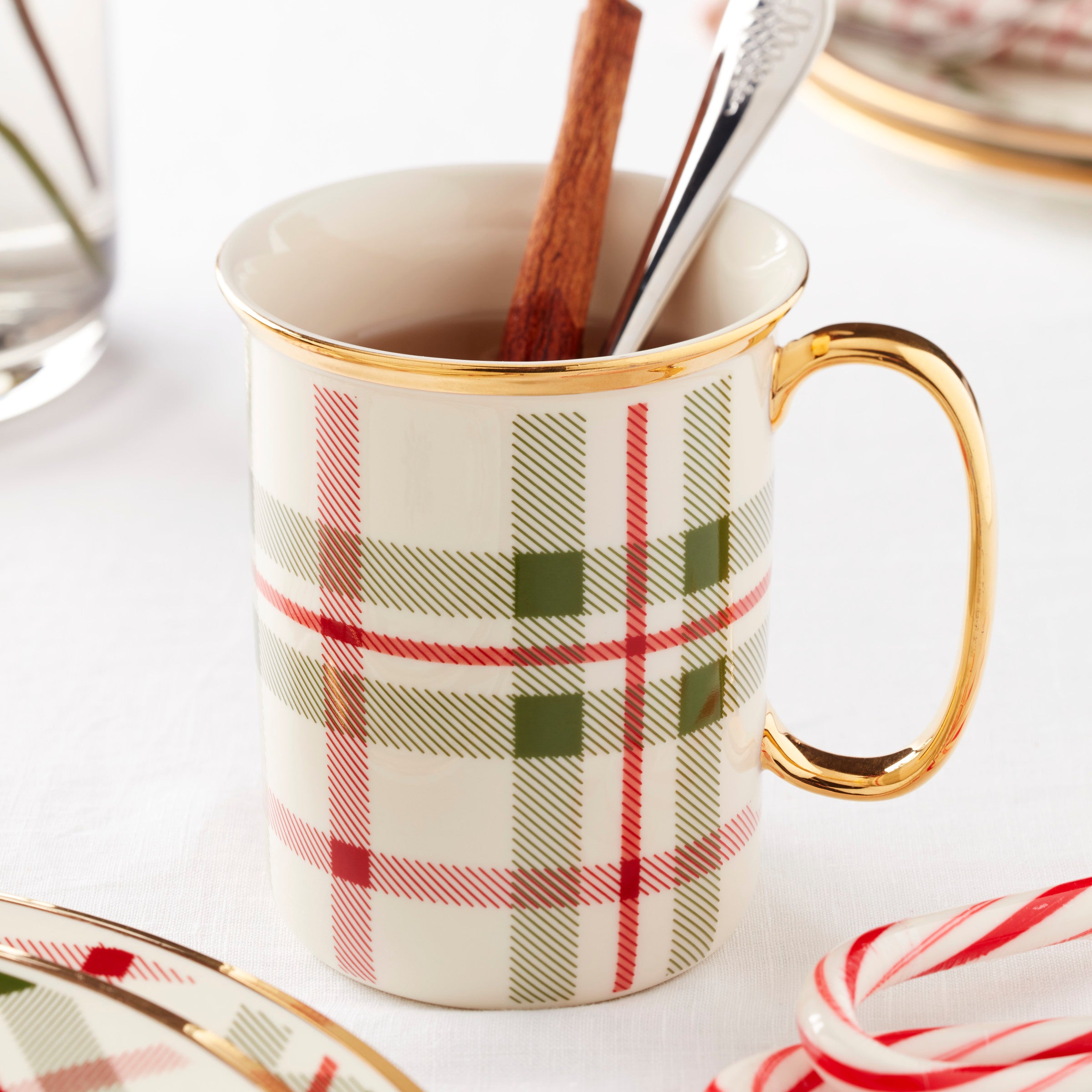 Festive Plaid Coffee Mugs Set of 4 with Gold Holly Detail