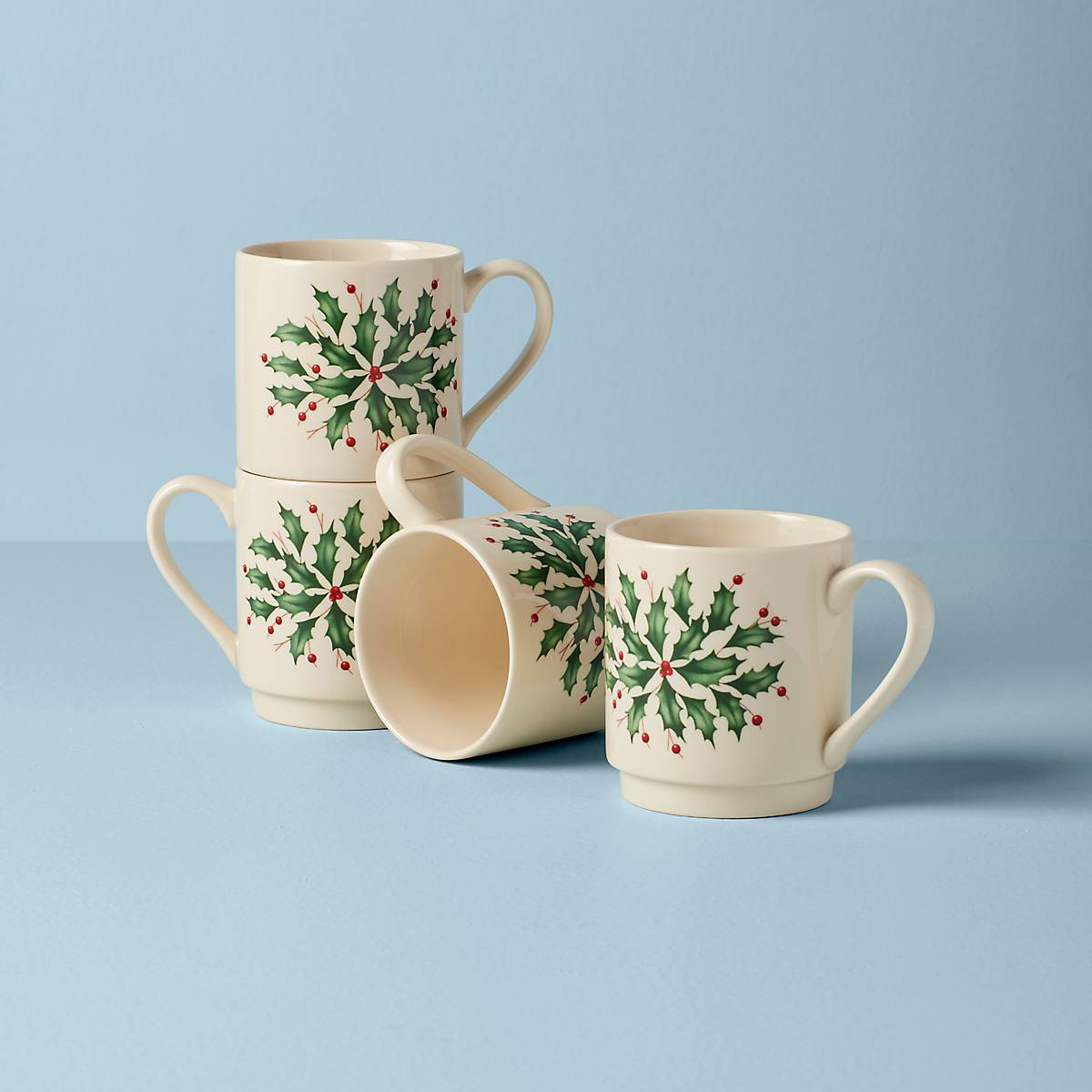 Festive Stackable Ceramic Mugs - Set of 4 with Holly Design
