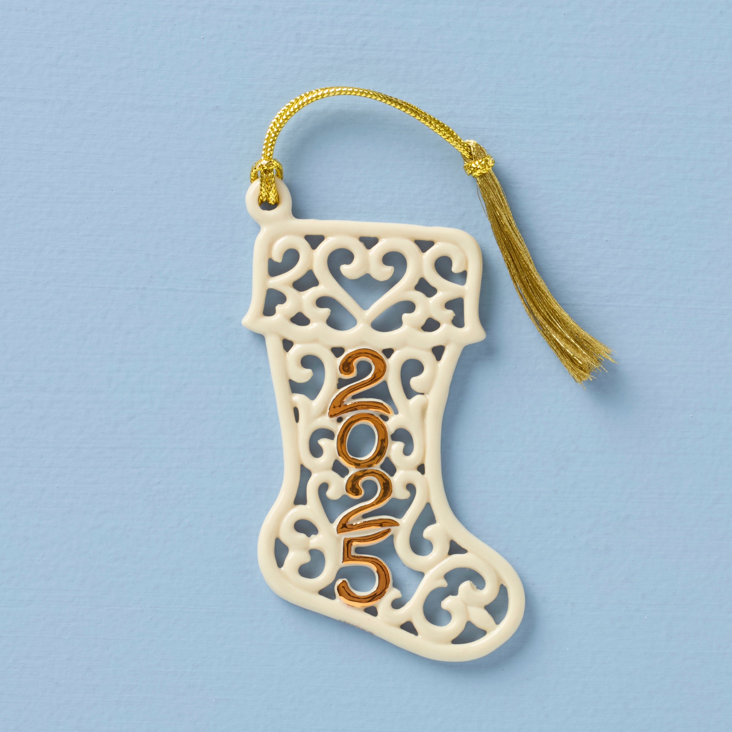2025 Porcelain Stocking Ornament - Handcrafted Golden Keepsake