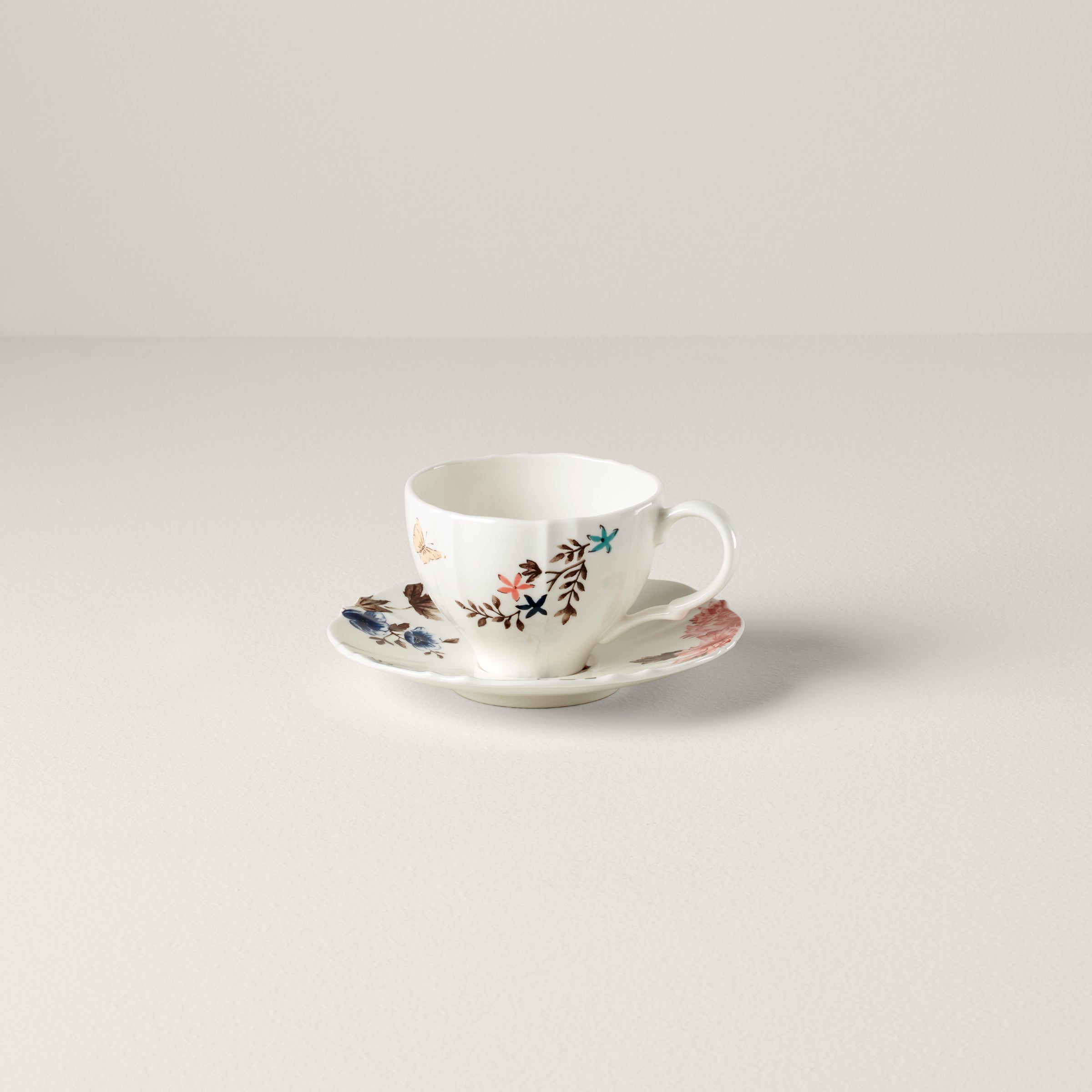 White Teacup & Saucer Set - Sprig & Vine English Garden Collection