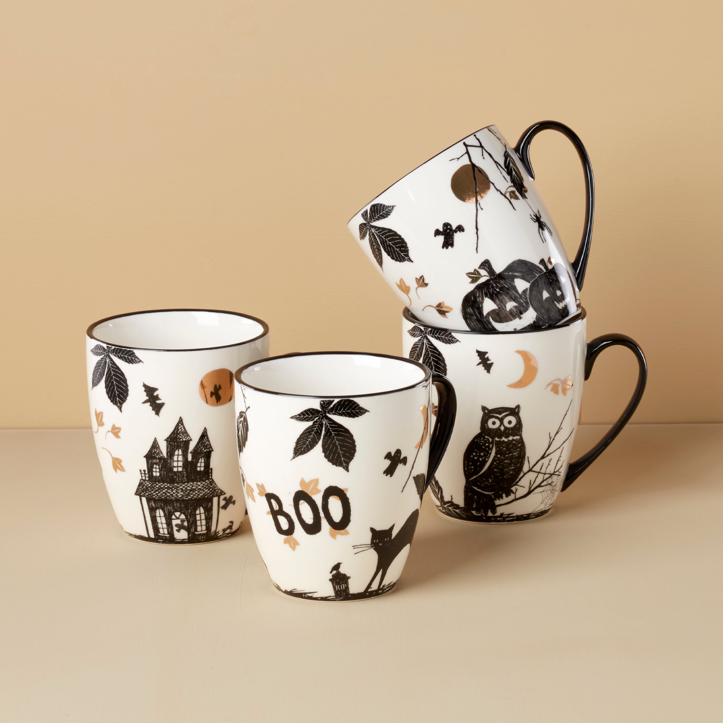 Vintage Halloween Mugs - Set of 4 Spooky Designs