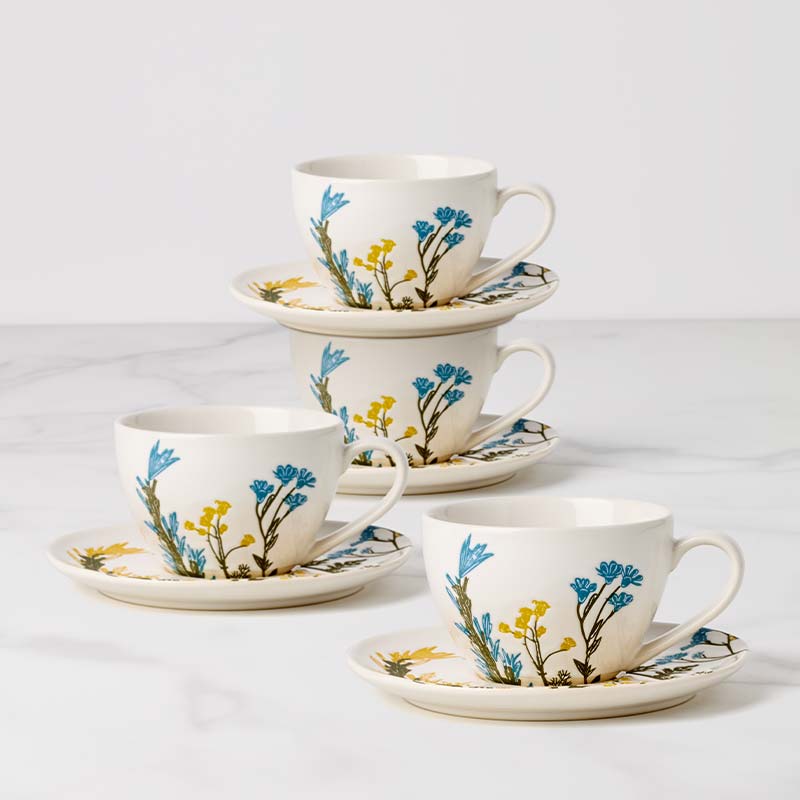 Wildflowers Tea Cup and Saucer Set - 4-Piece Stoneware Collection
