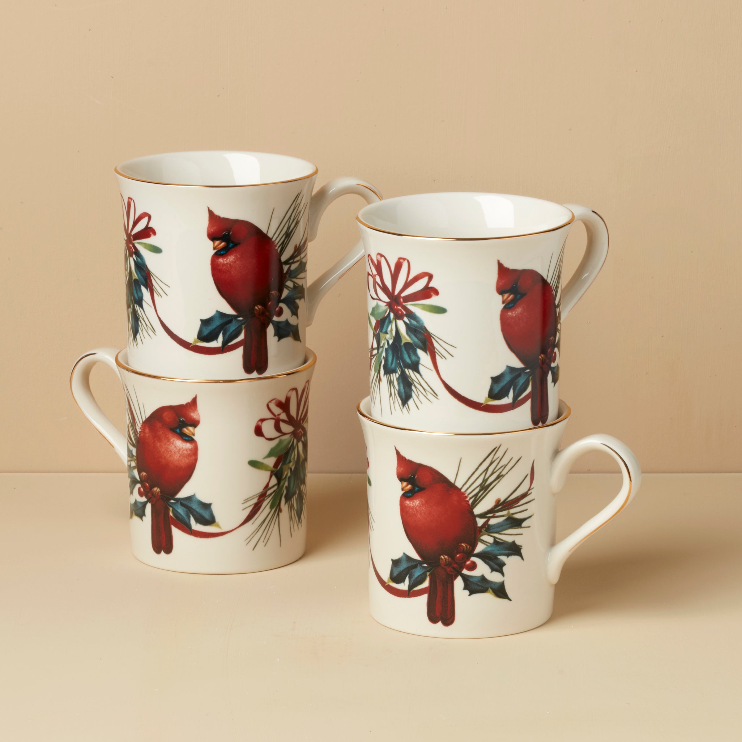 Winter Holiday Mugs Set of 4 with Gold Accents