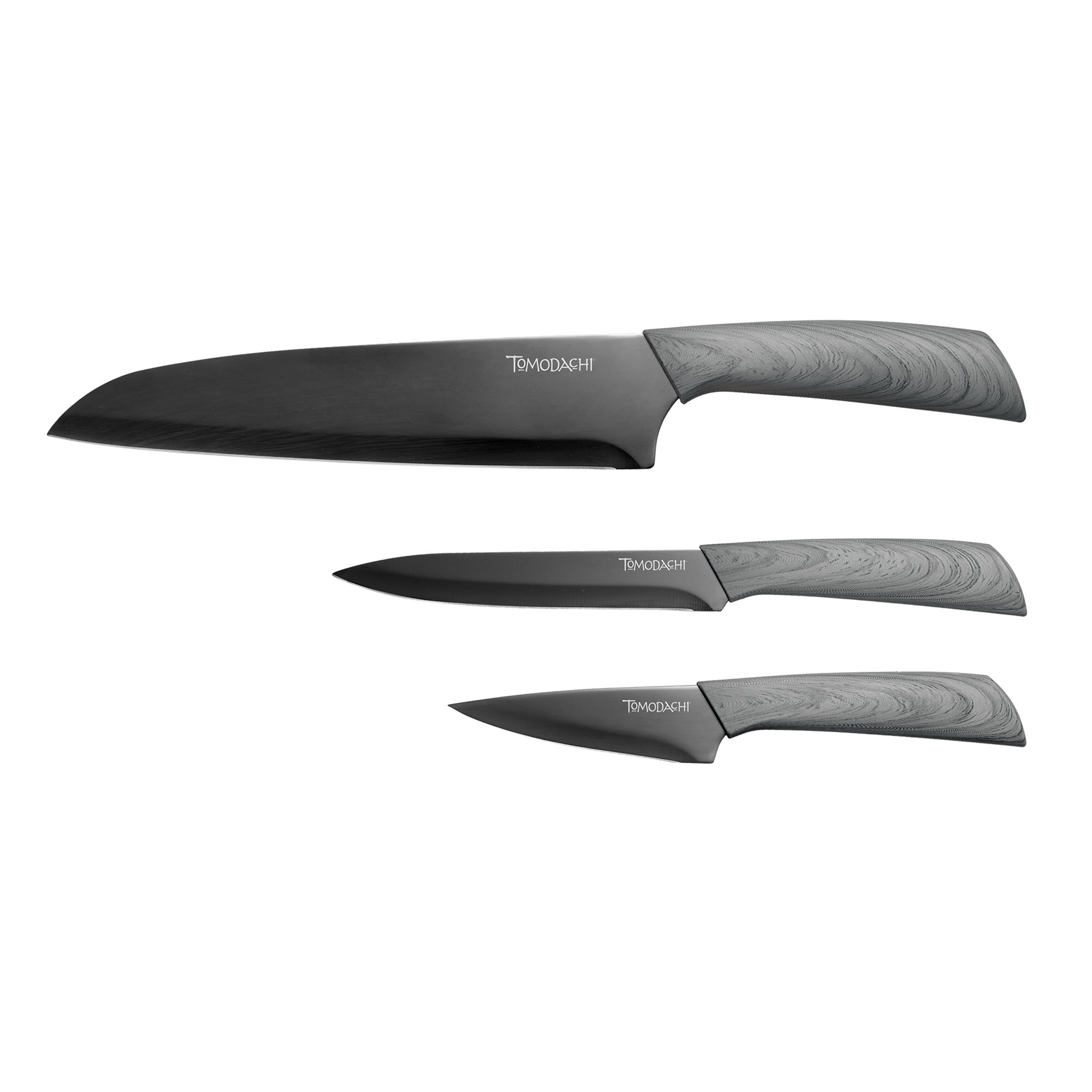 Tomodachi Raintree Ash 3-Piece Knife Set - Gunmetal Titanium Blades, Wood-Style Handles