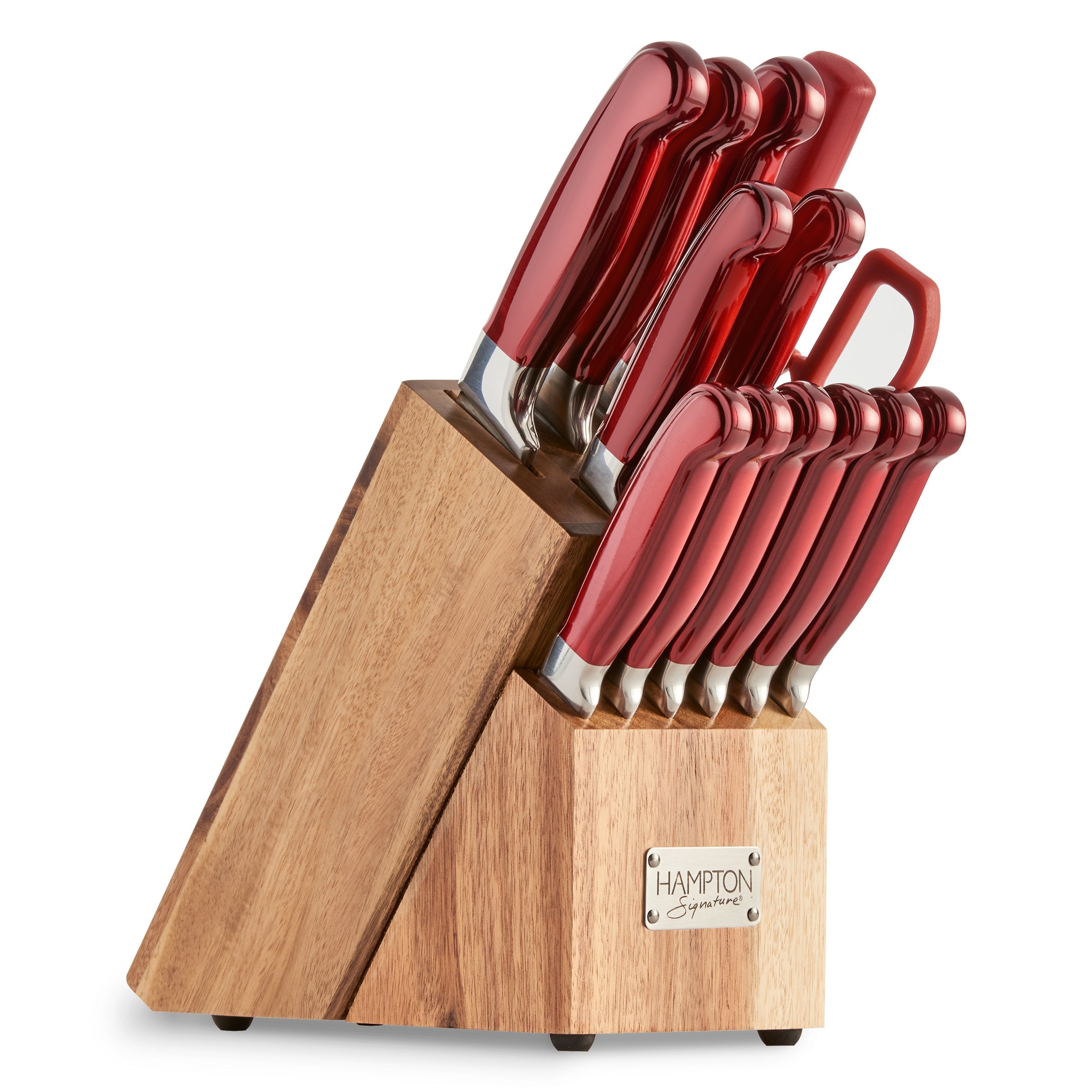 Hampton Signature Rorik Red 14-Piece Stainless Steel Knife Set with Acacia Block