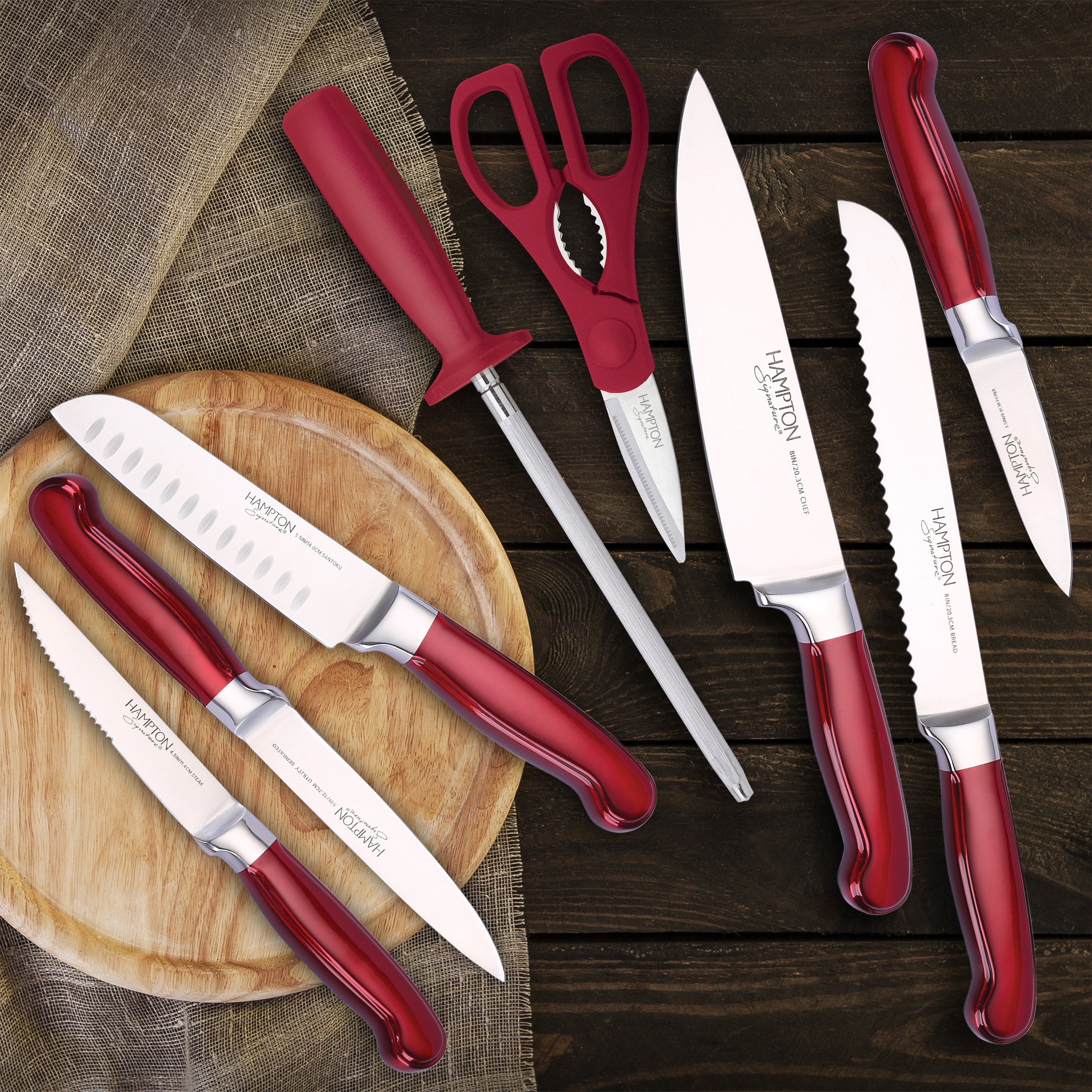 Hampton Signature Rorik Red 14-Piece Stainless Steel Knife Set with Acacia Block