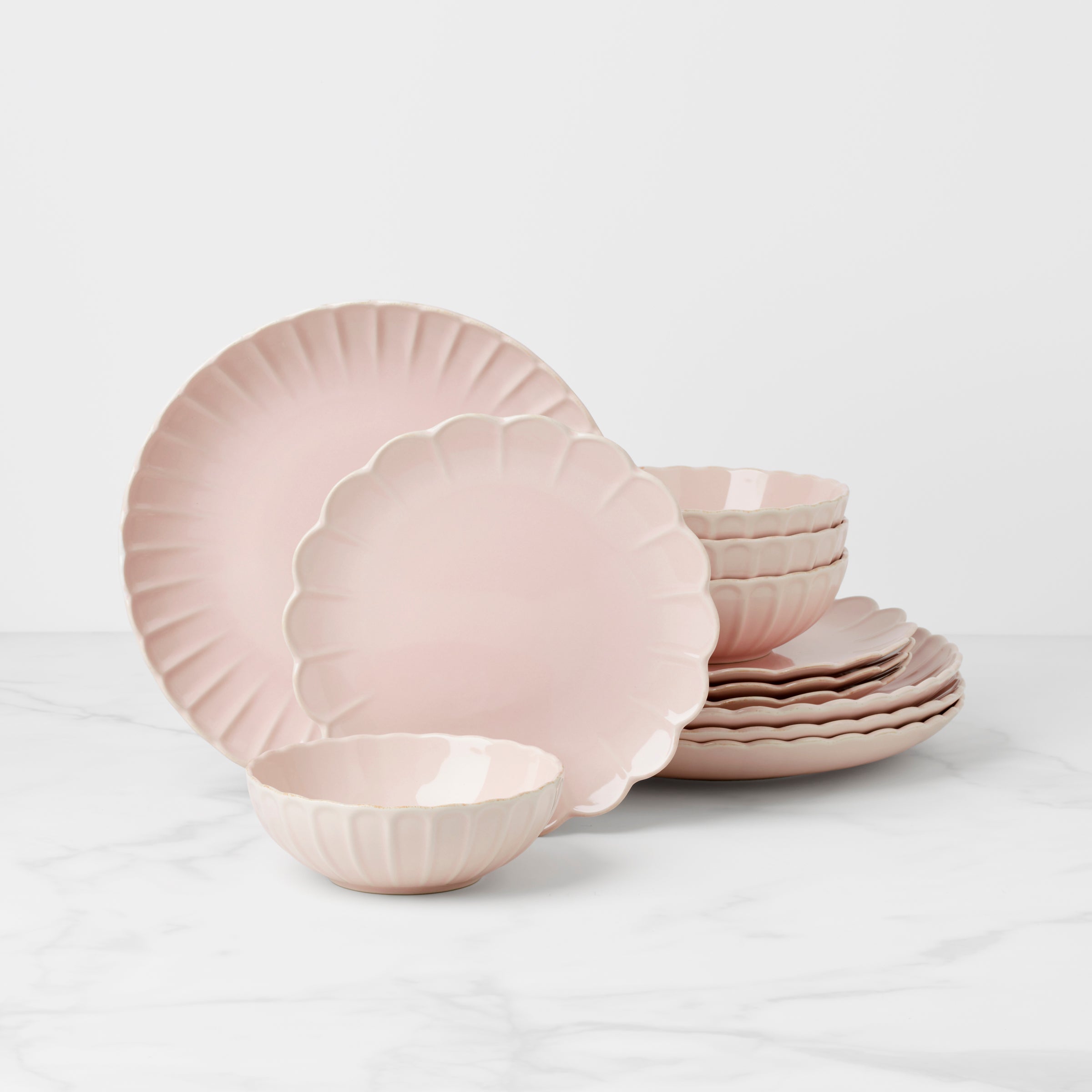 French Perle Scallop Blush 12-Piece Stoneware Dinnerware Set