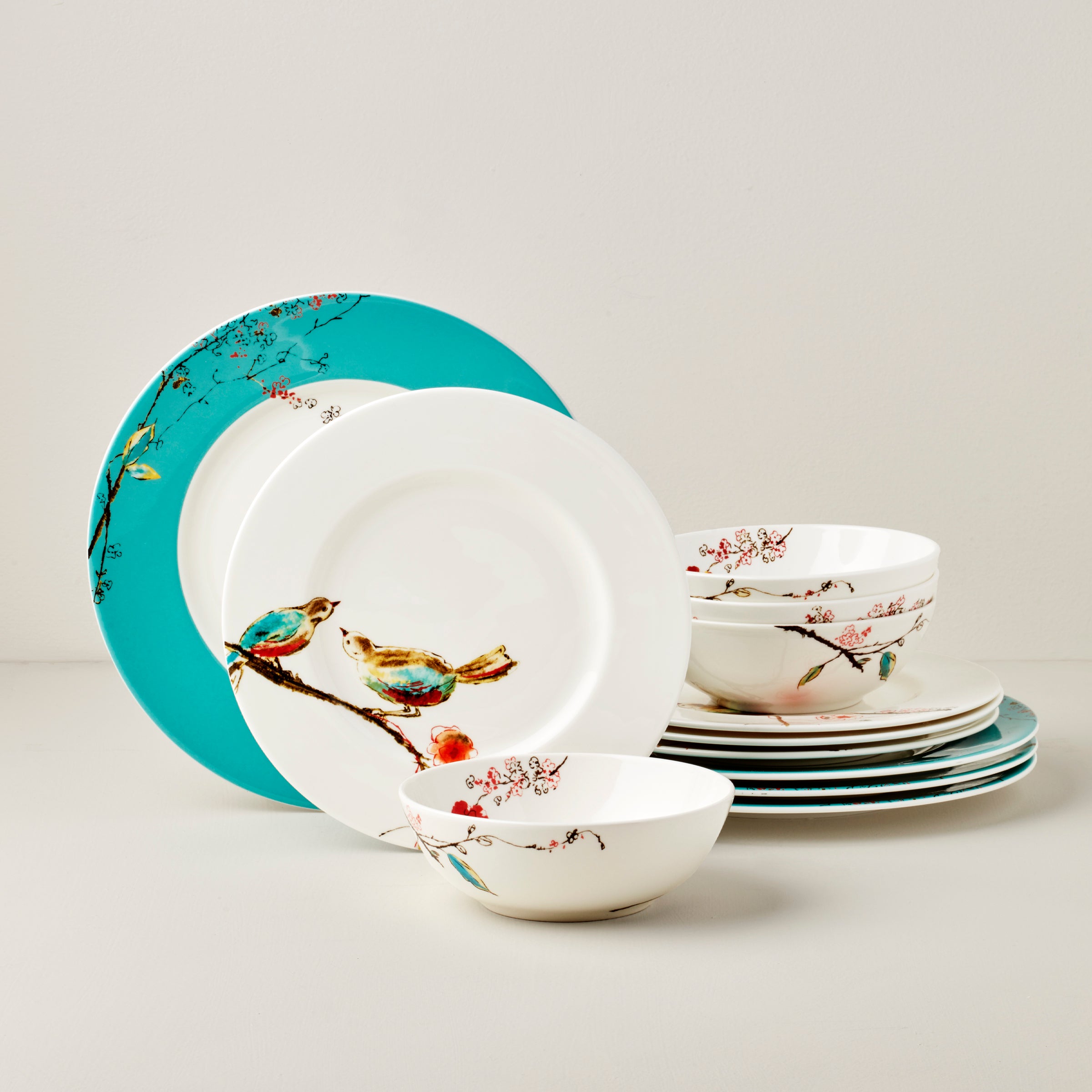 Chirp Porcelain Dinnerware Set - 12-Piece Floral Bird Design