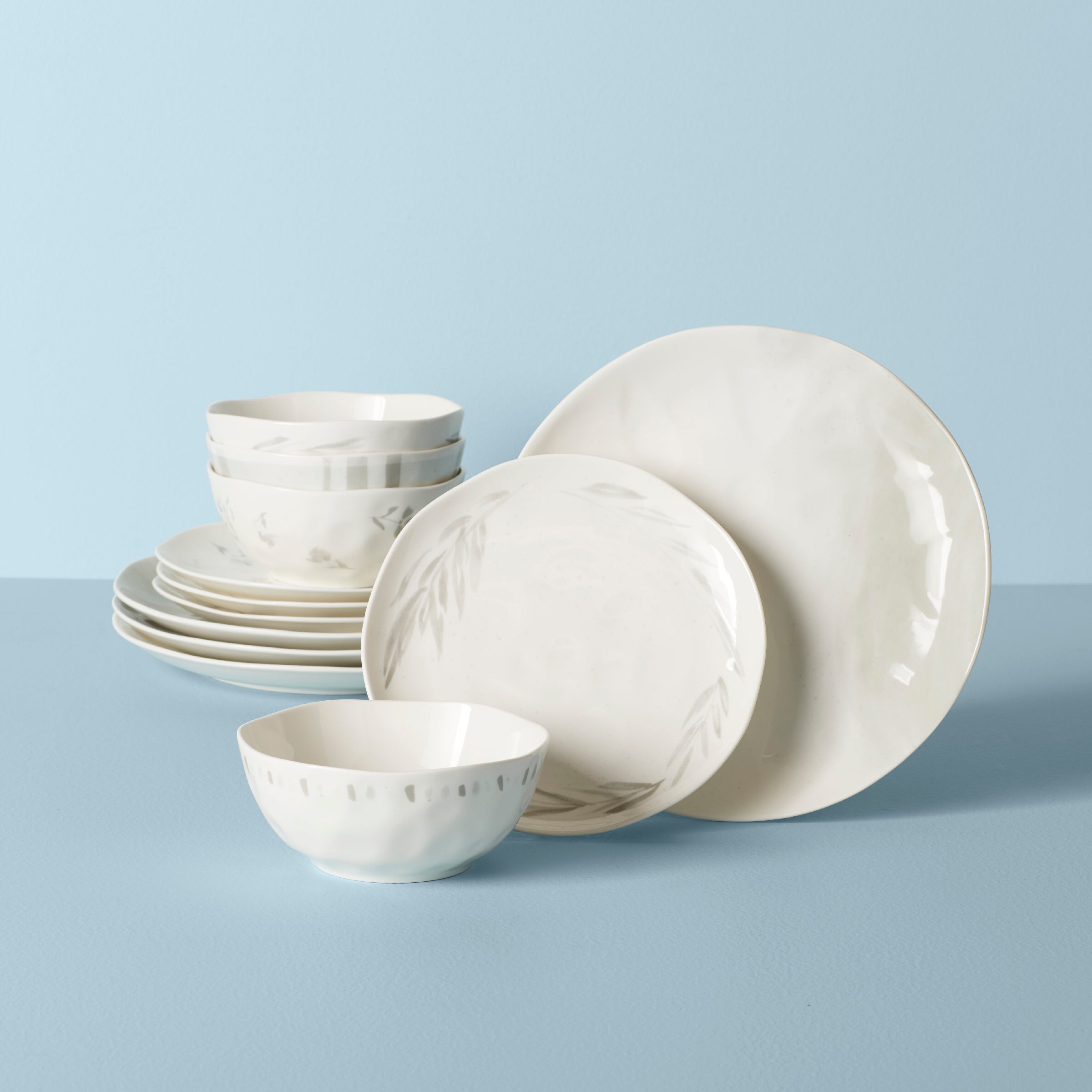 Oyster Bay 12-Piece Porcelain Dinnerware Set with Gray Accents
