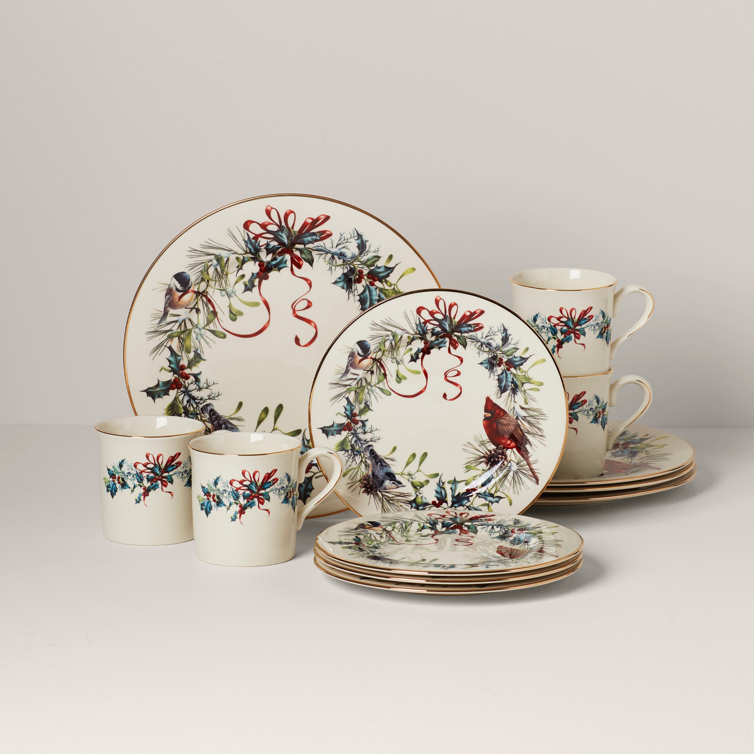 Winter Greetings Porcelain Dinnerware Set with Gold Trim - 12-Piece Holiday Collection