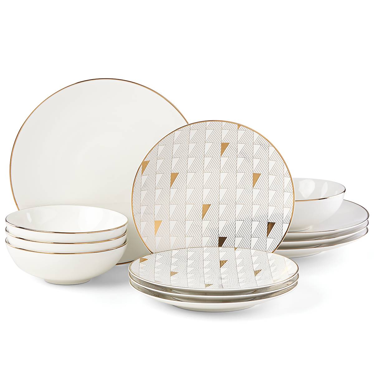 Trianna 12-Piece White Dinnerware Set with Gold Accents - Microwave & Dishwasher Safe