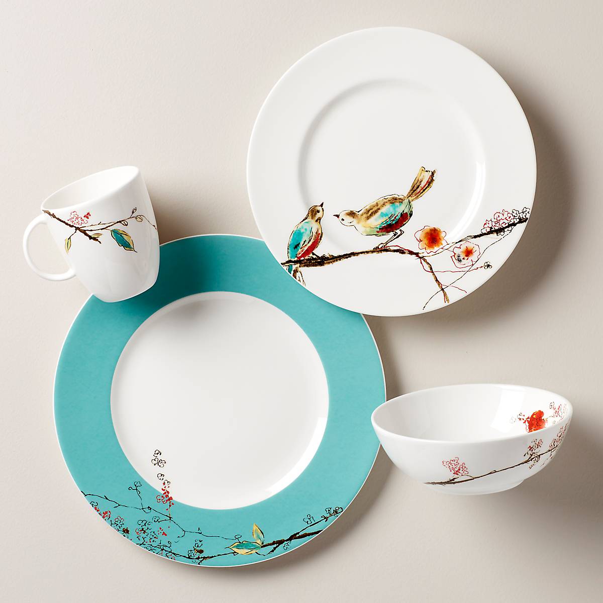 Chirp Porcelain Dinnerware Set - 4-Piece Floral & Bird Place Setting