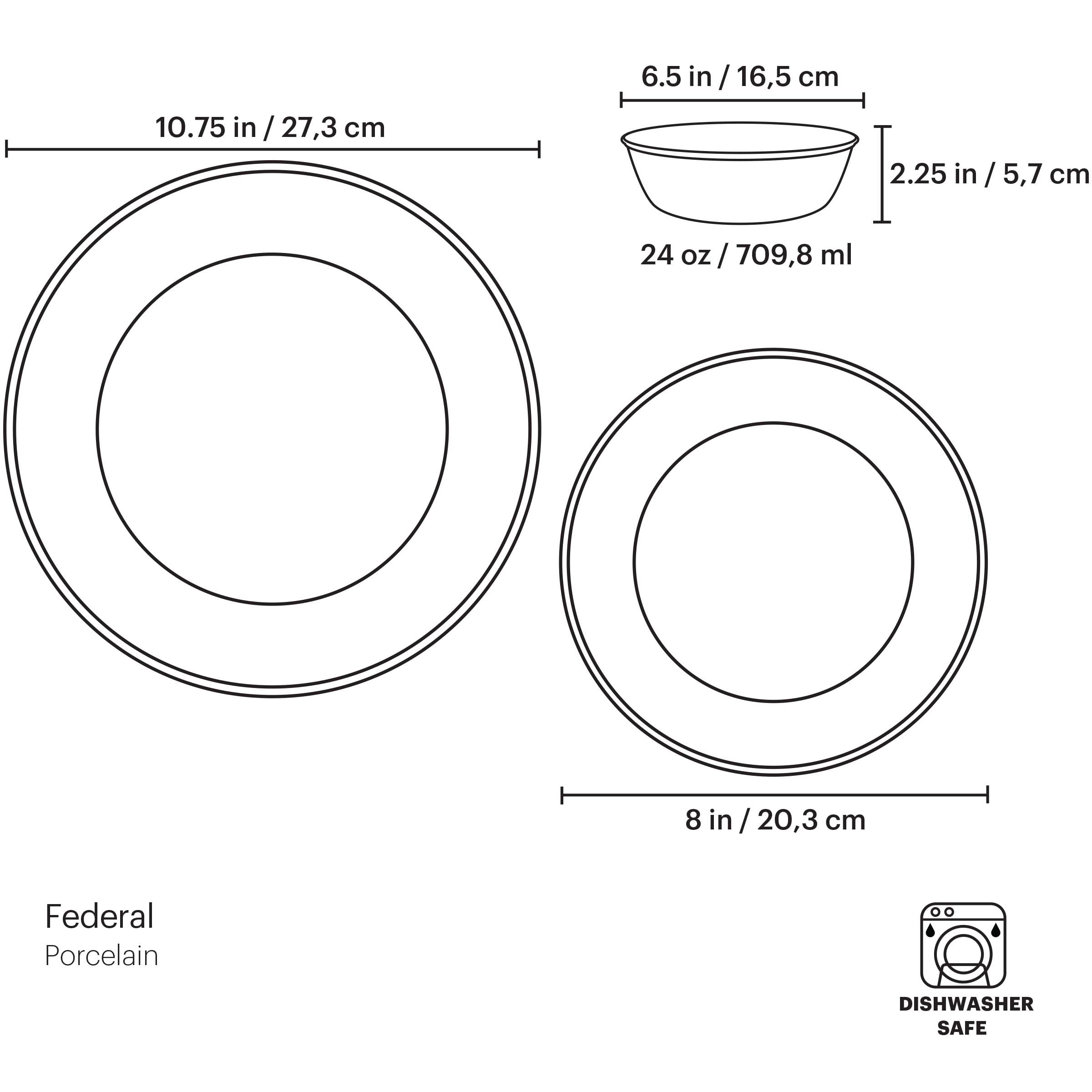 Federal Platinum Porcelain Dinnerware Set - 3-Piece Place Setting