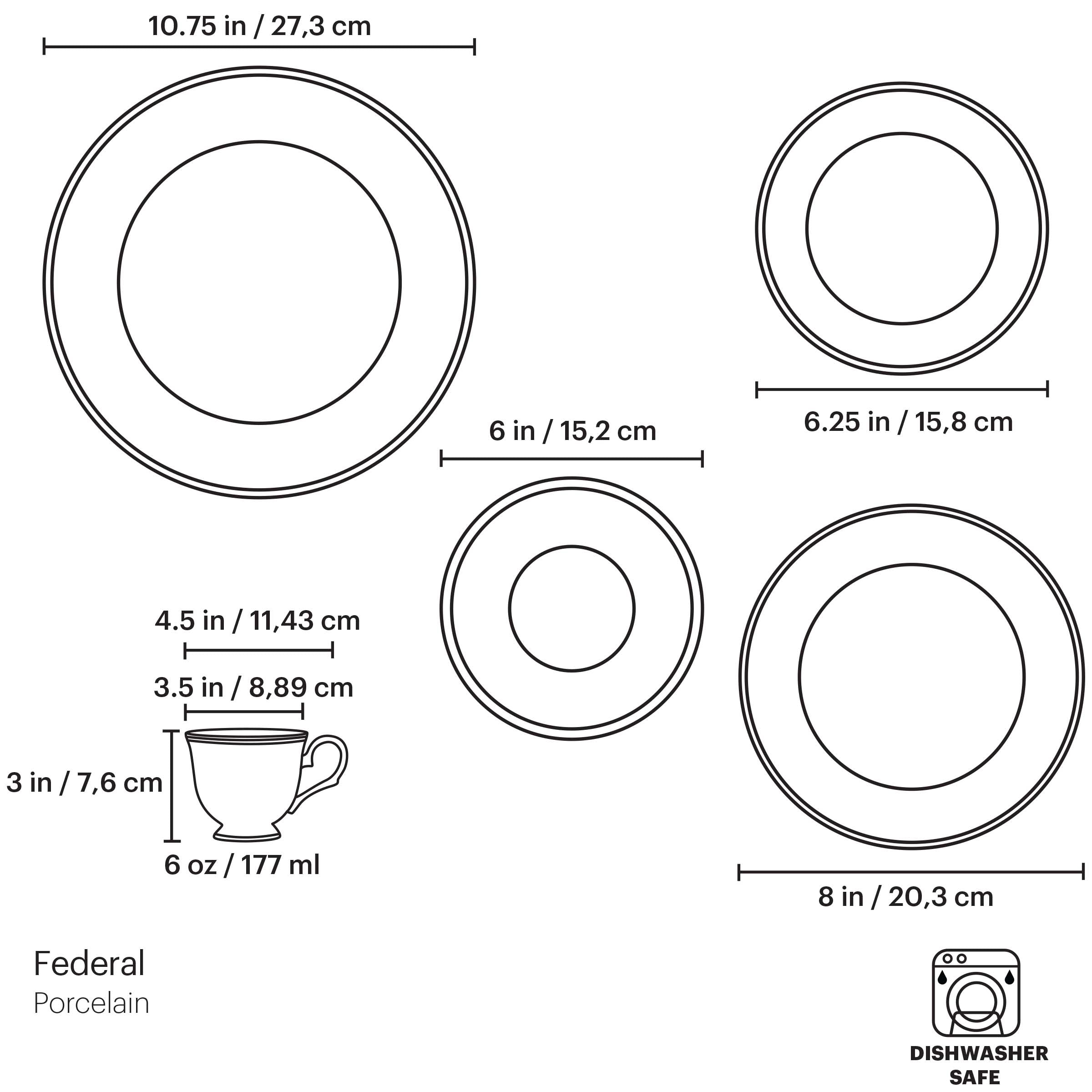 Federal Platinum Porcelain 5-Piece Place Setting with Dishwasher-Safe Design