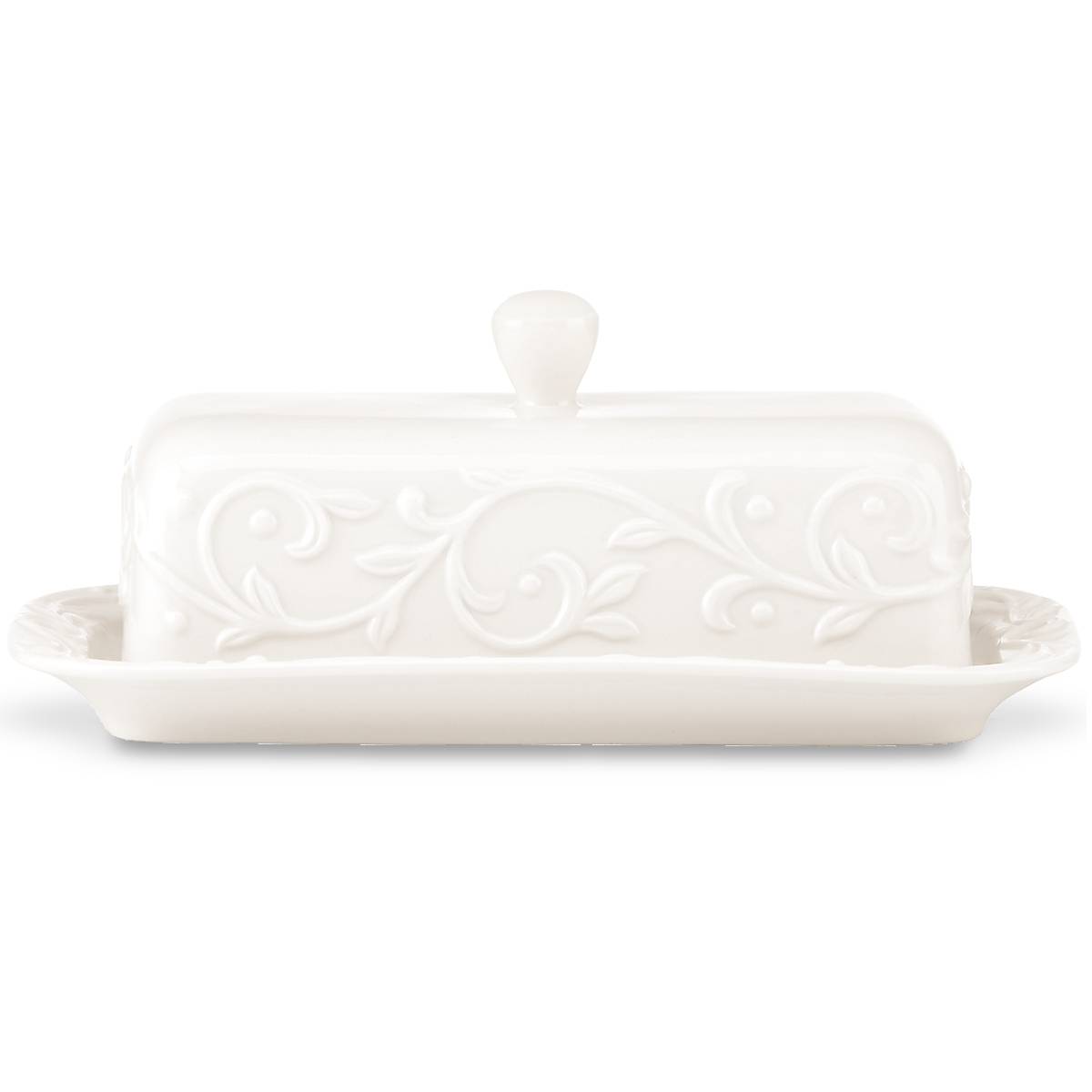 Opal Innocence Ceramic Butter Dish with Carved Scroll Design