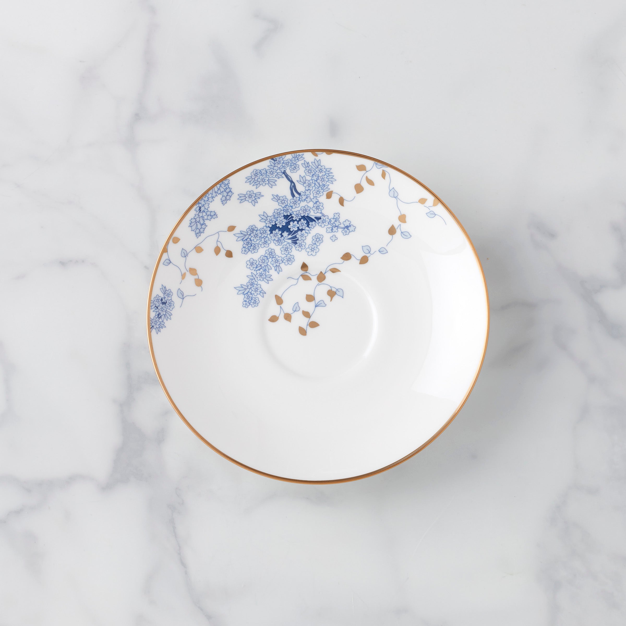 Garden Grove Blue Blossom Bone China Saucer with Gold Trim