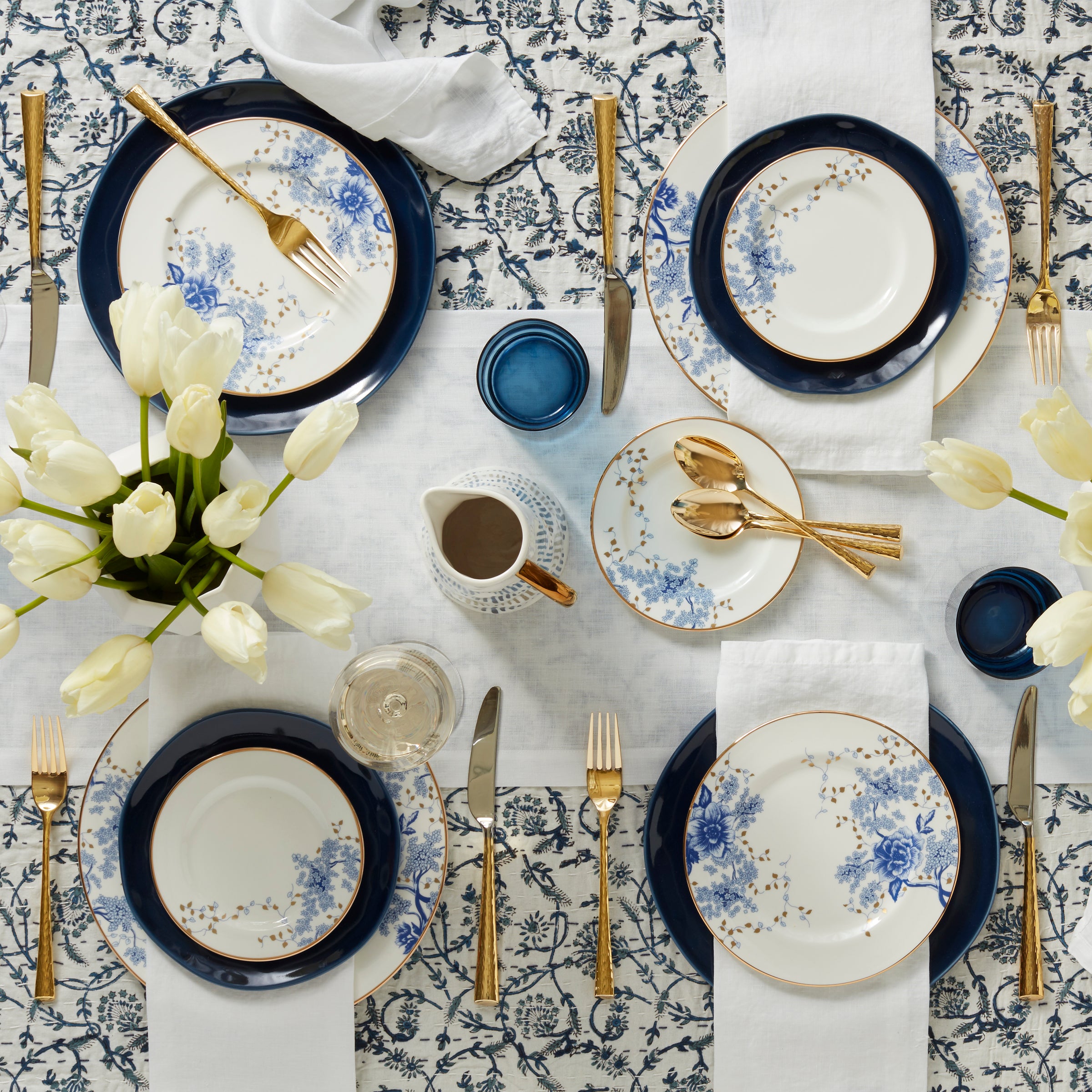 Garden Grove Blue Blossom Bone China Saucer with Gold Trim