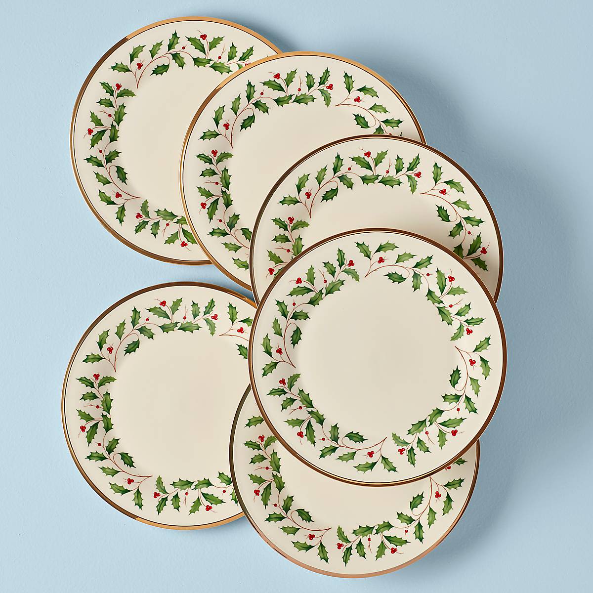 Holiday Porcelain Dinner Plates Set - 6-Piece with Gold Rim