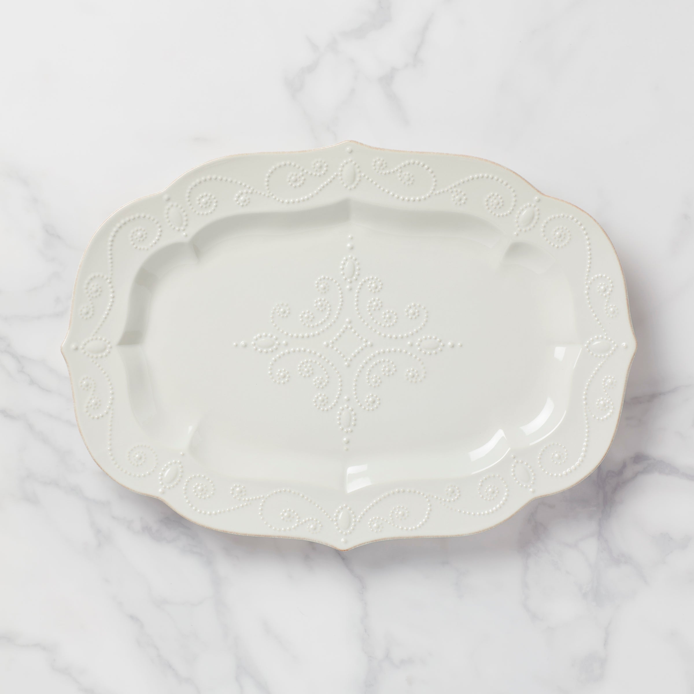 French White Ceramic Serving Platter with Beaded Rim