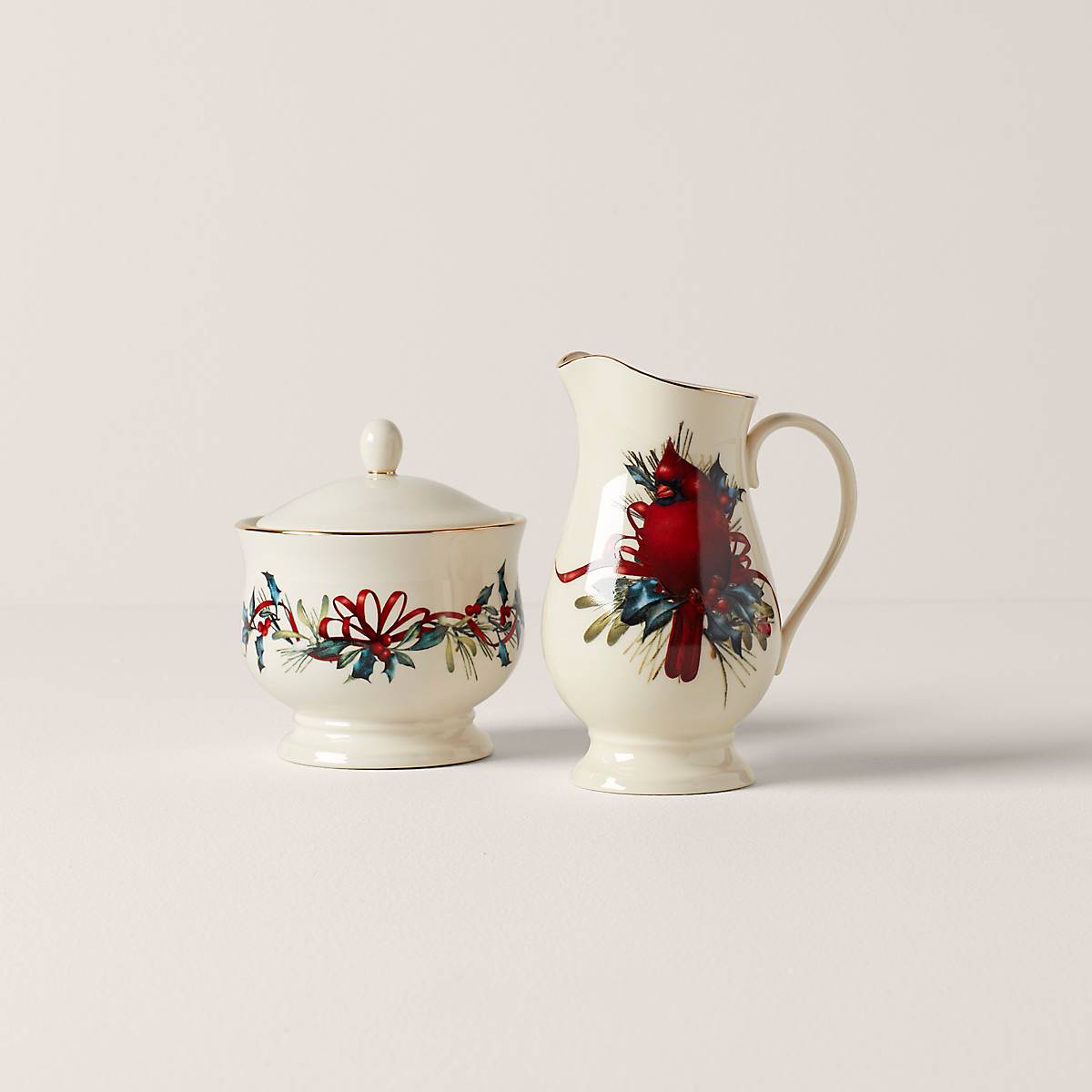 Winter Greetings Ceramic Sugar & Creamer Set with Gold Accents