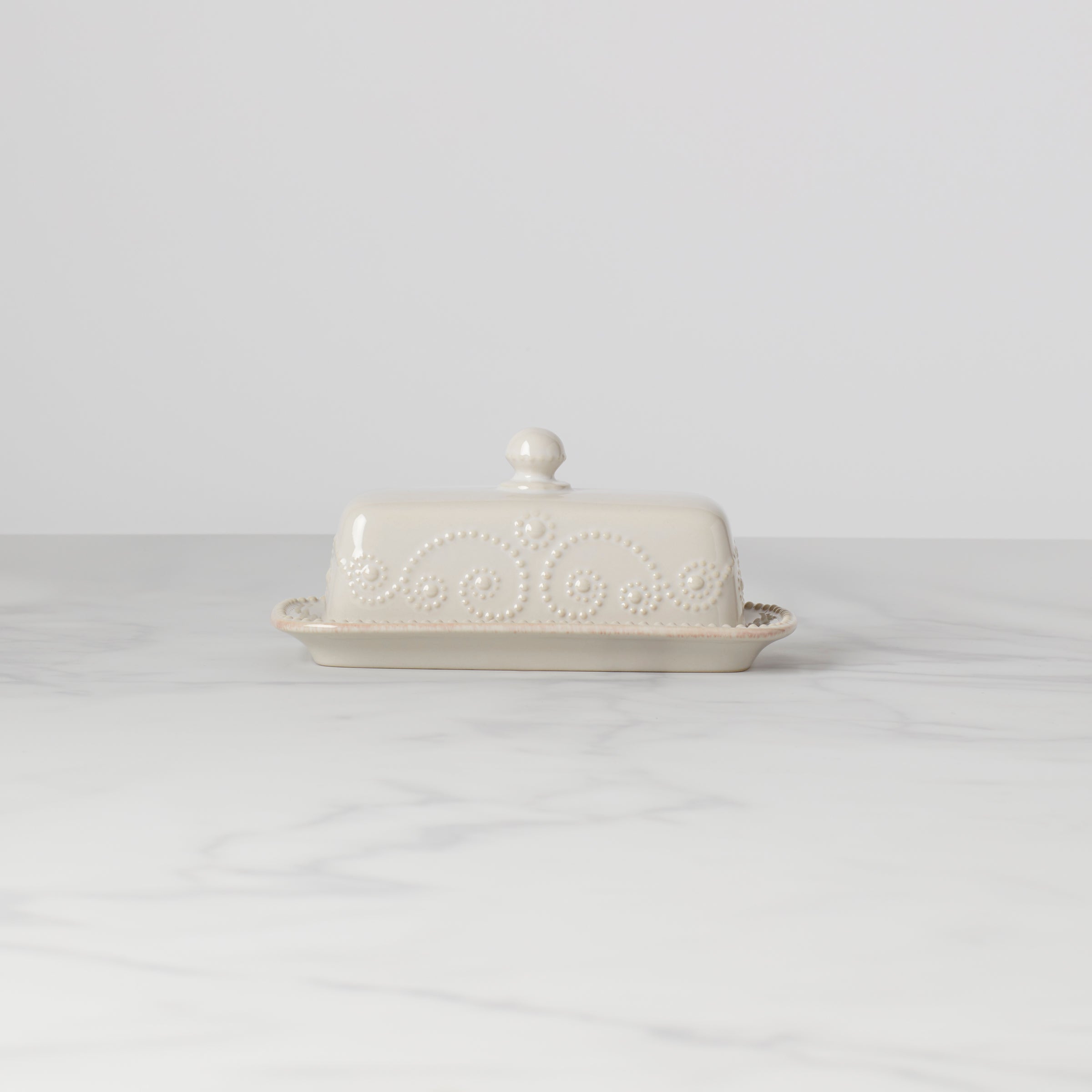 French Perle Ceramic Butter Dish with Lid - Hand-Stained White Stoneware