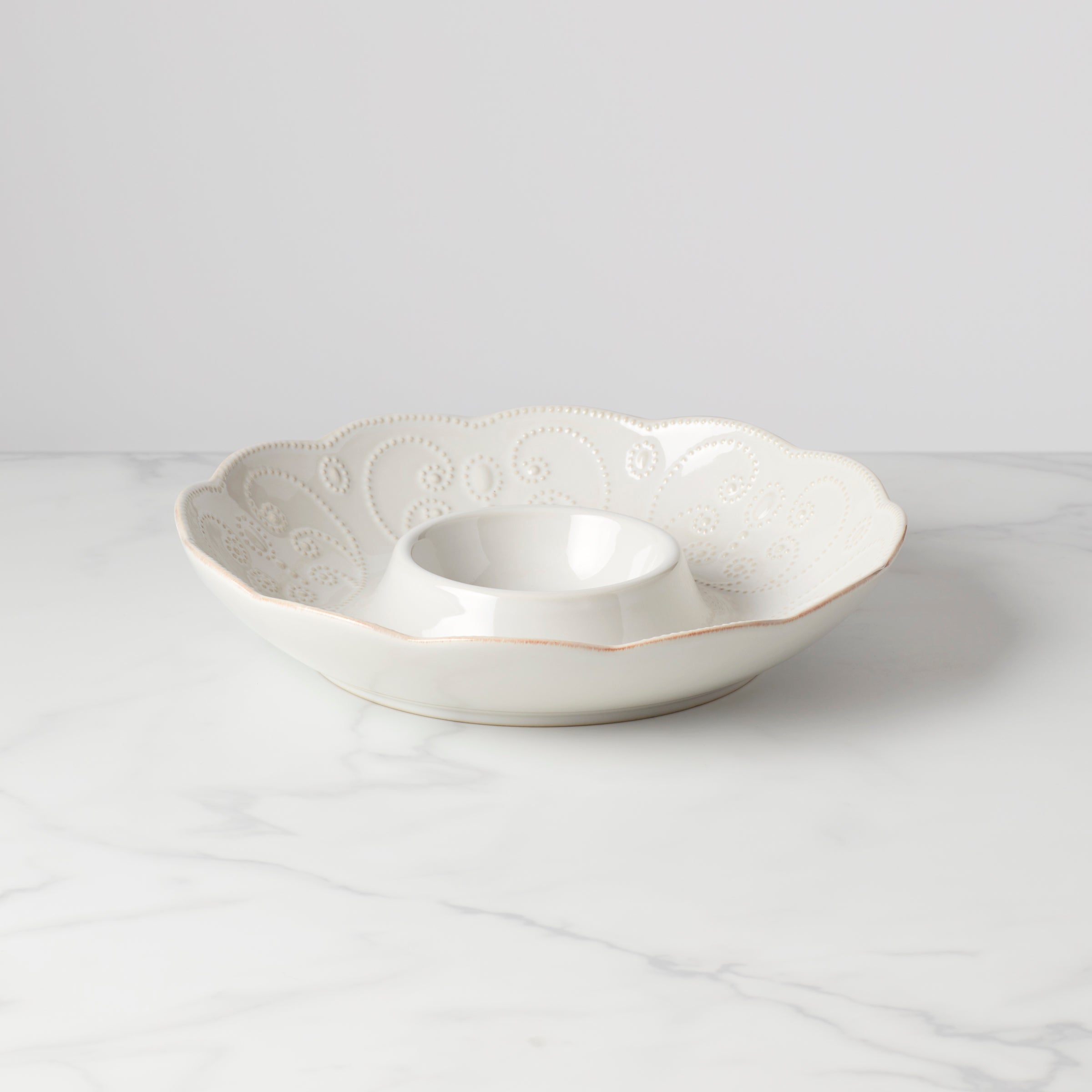 French White Ceramic Chip & Dip Tray with Beaded Design