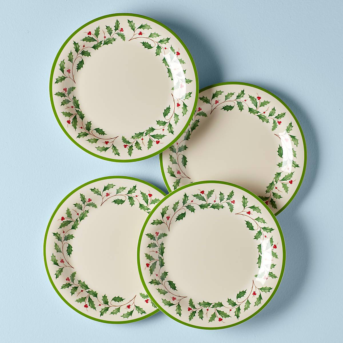 Festive Melamine Dinner Plates Set - 4 Holly Motif Holiday Plates